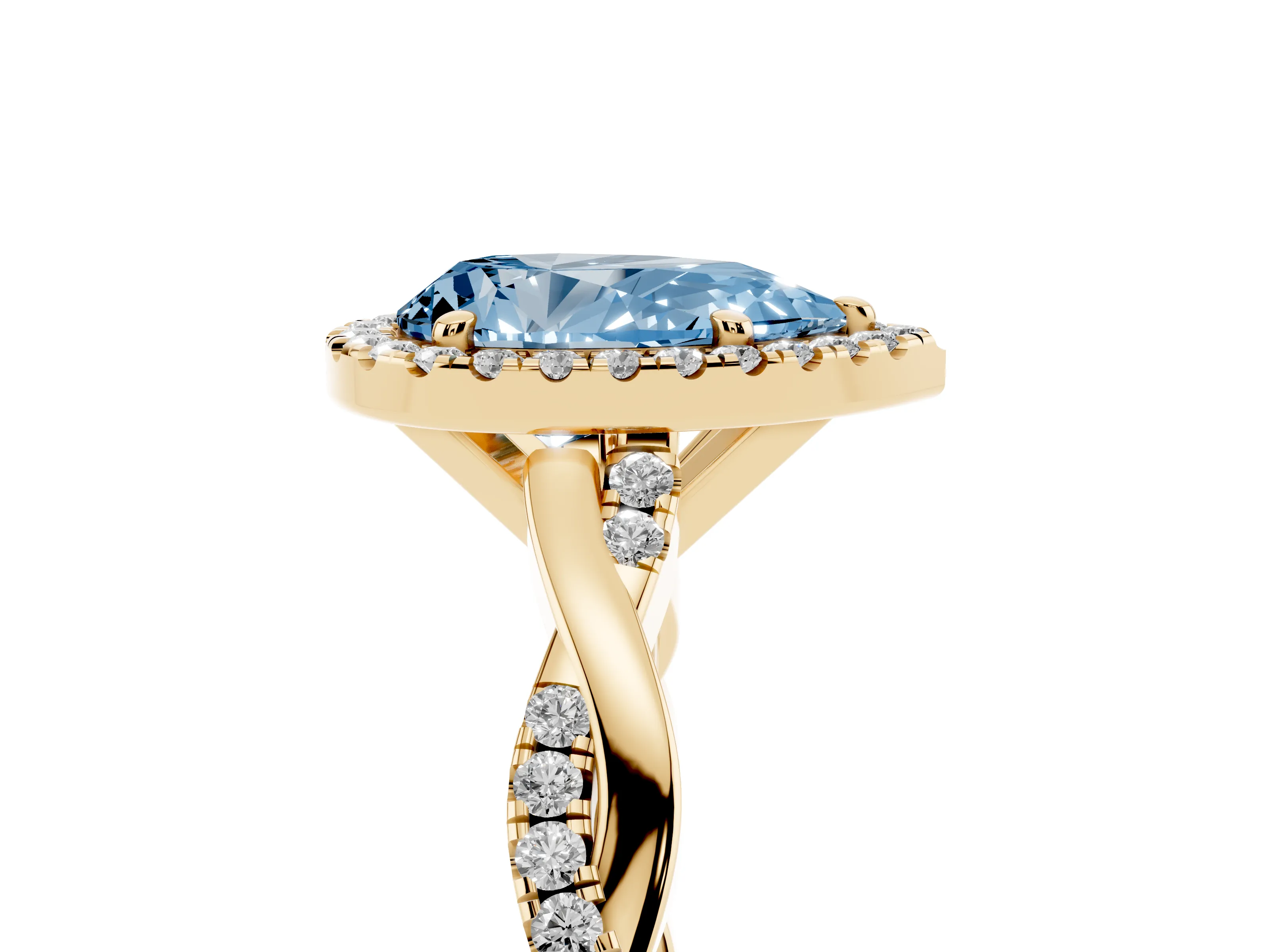 Fancy Blue Pear Cut Diamond Halo Twisted Band Ring Set in Yellow gold with Prong Setting
