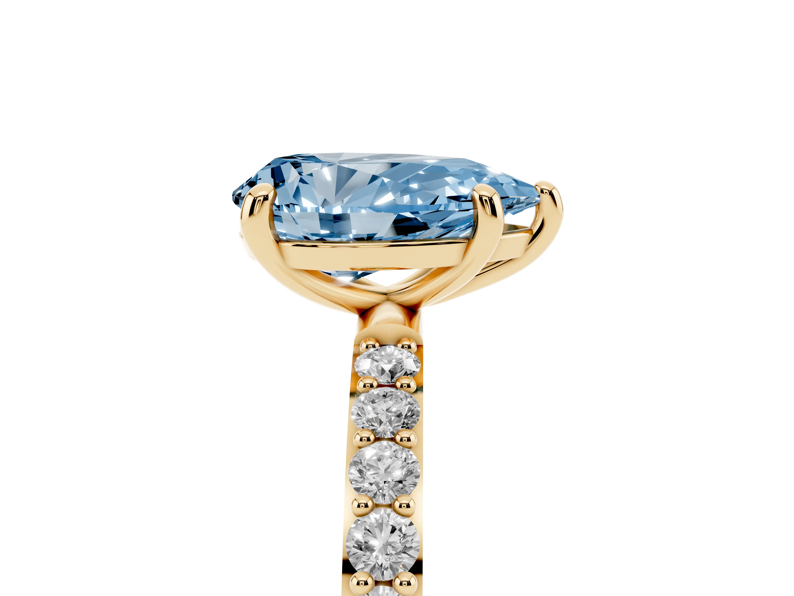 Fancy Blue Pear Cut Diamond Solitaire Ring Set in Yellow gold with Round Pavé Band and Prong Setting