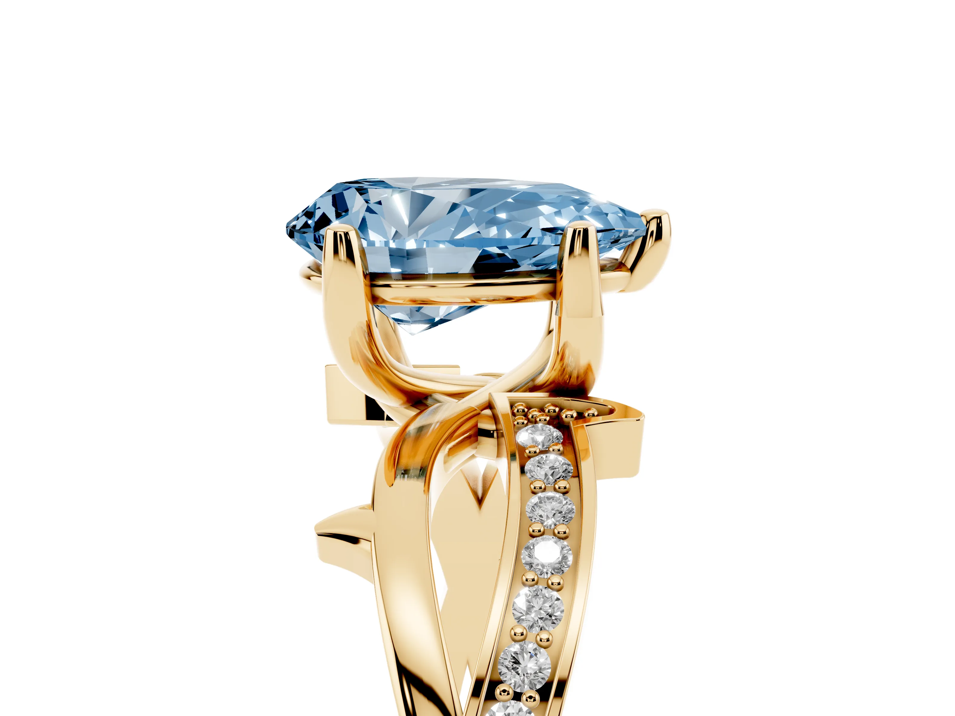 Fancy Blue Pear Cut Diamond Pavé Twist Band Solitaire Ring Set in Yellow gold with Prong Setting