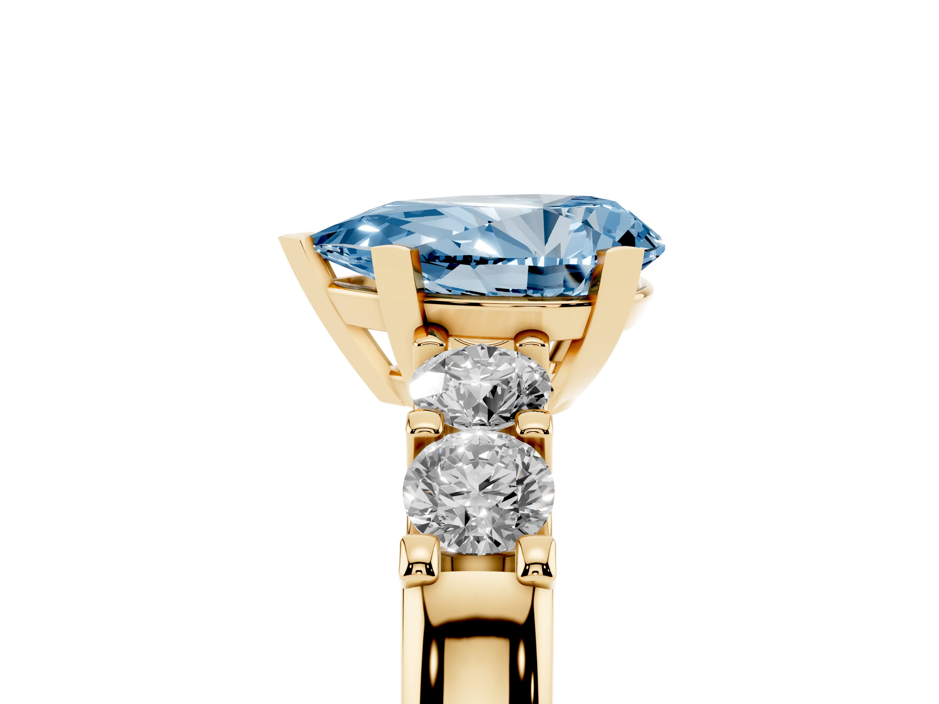 Fancy Blue Pear Cut Diamond Five-Stone Prong Set Engagement Ring Set in Yellow gold with Channel Band