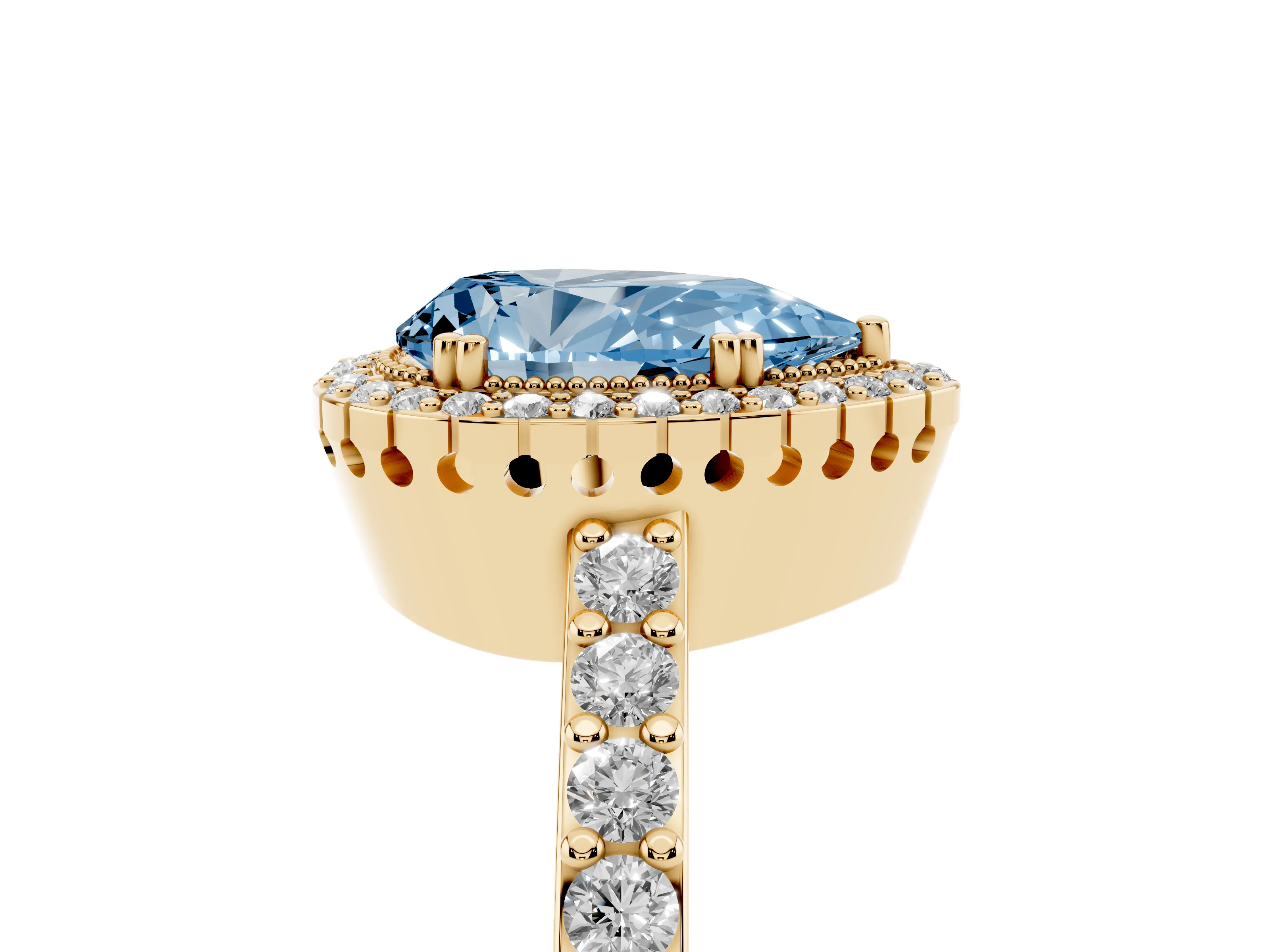 Fancy Blue Pear Cut Diamond Halo Engagement Ring Set in Yellow gold with Milgrain Detail and Pavé Band