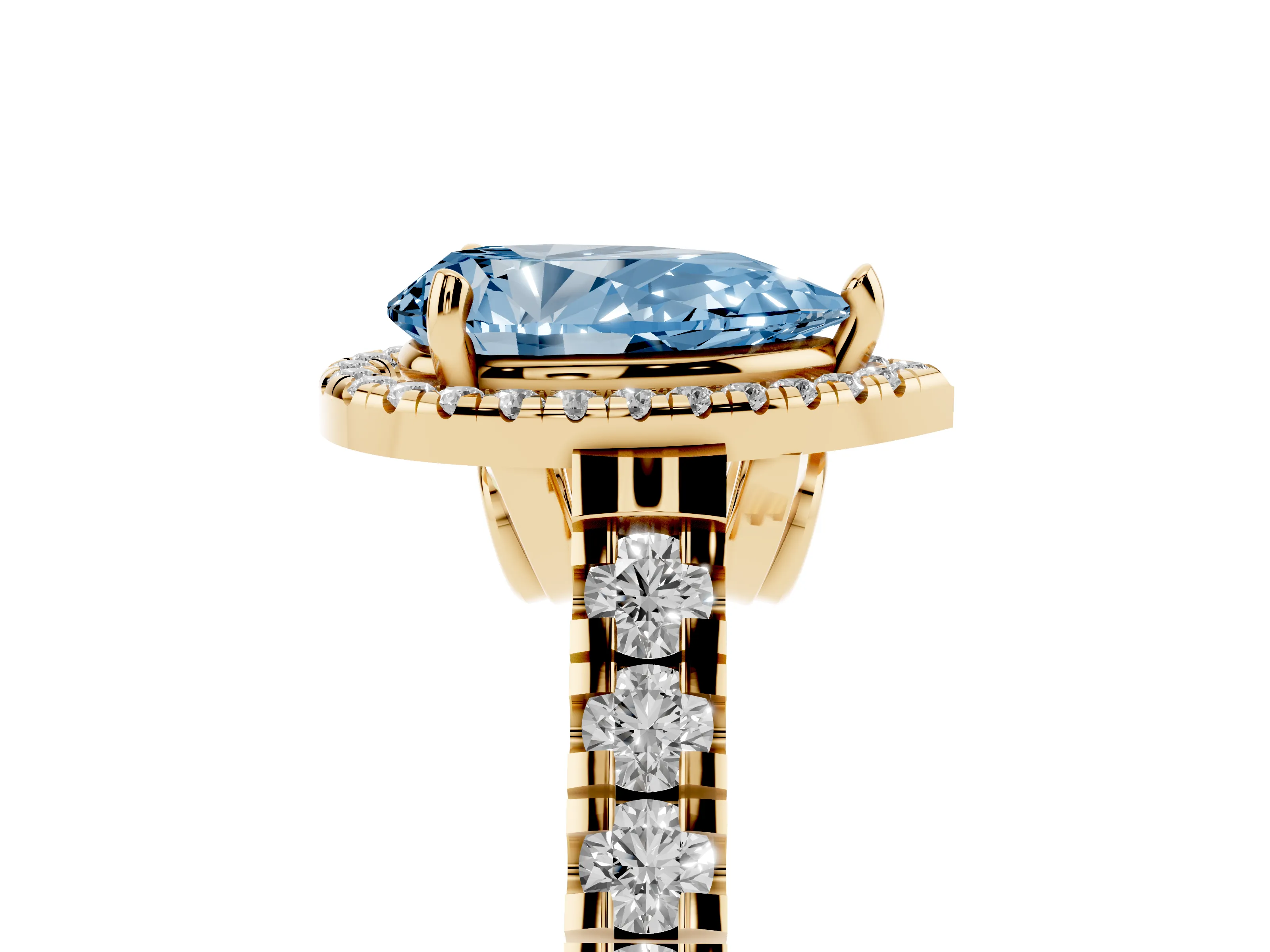 Fancy Blue Pear Cut Diamond Halo Engagement Ring Set in Yellow gold with Pavé Band and Prong-Set Center