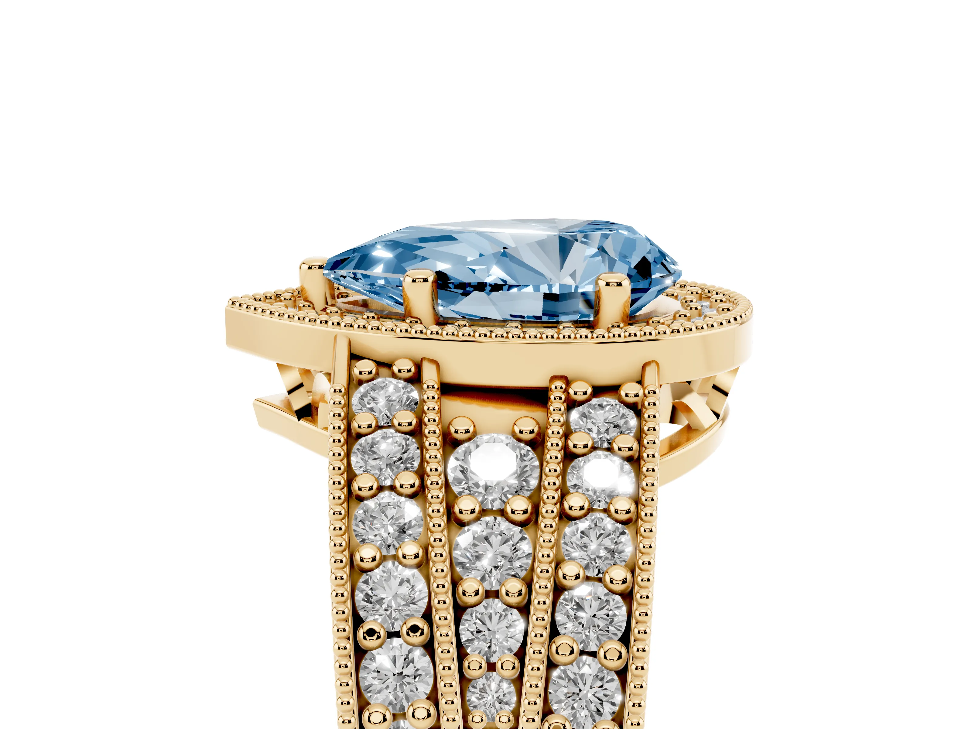 Fancy Blue Pear Cut Diamond Halo Ring Set in Yellow gold with Accent Split Shank and Prong Setting