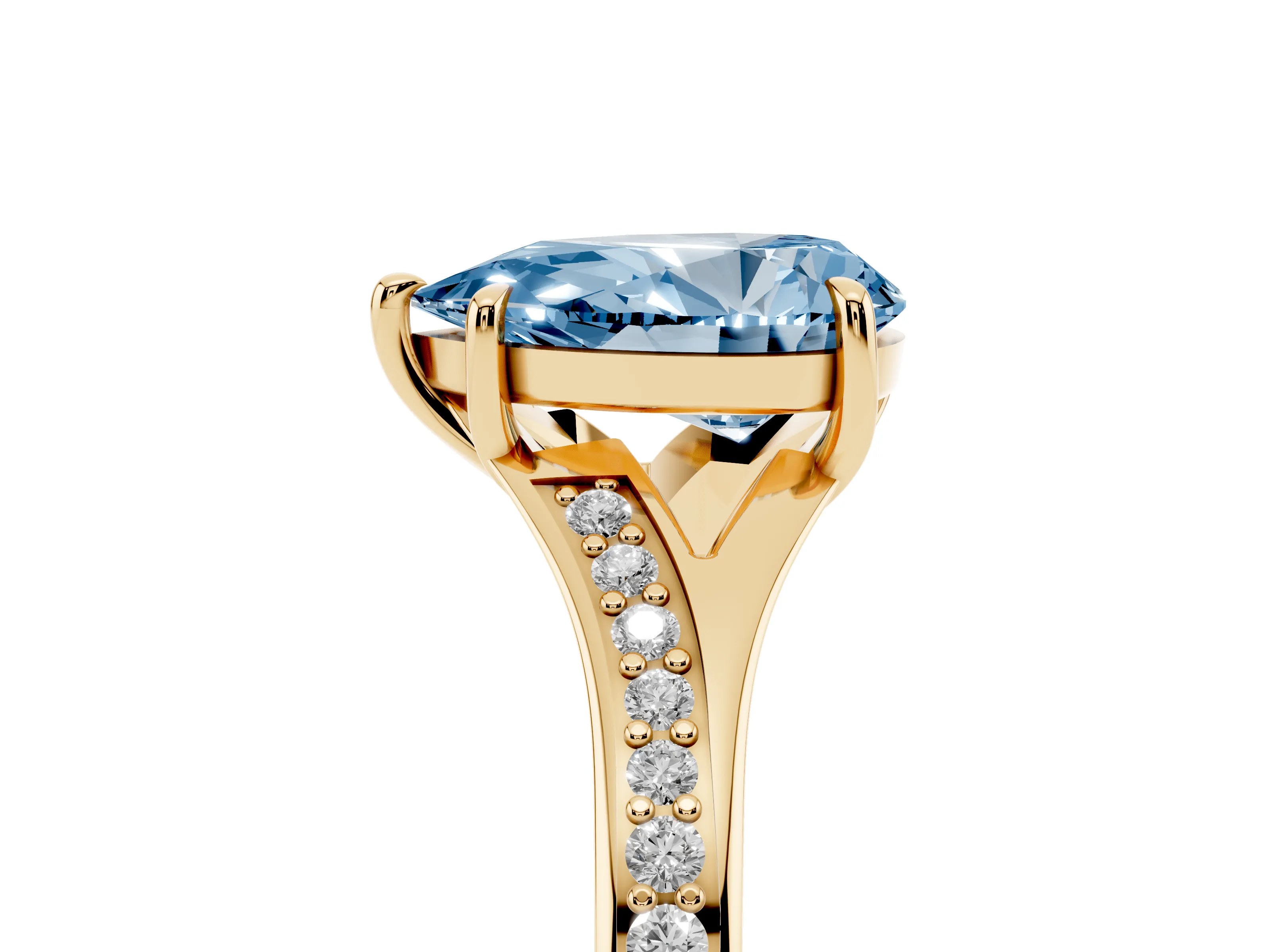 Fancy Blue Pear Cut Diamond Solitaire Ring Set in Yellow gold with Pavé Accent Band and Classic Prong Setting