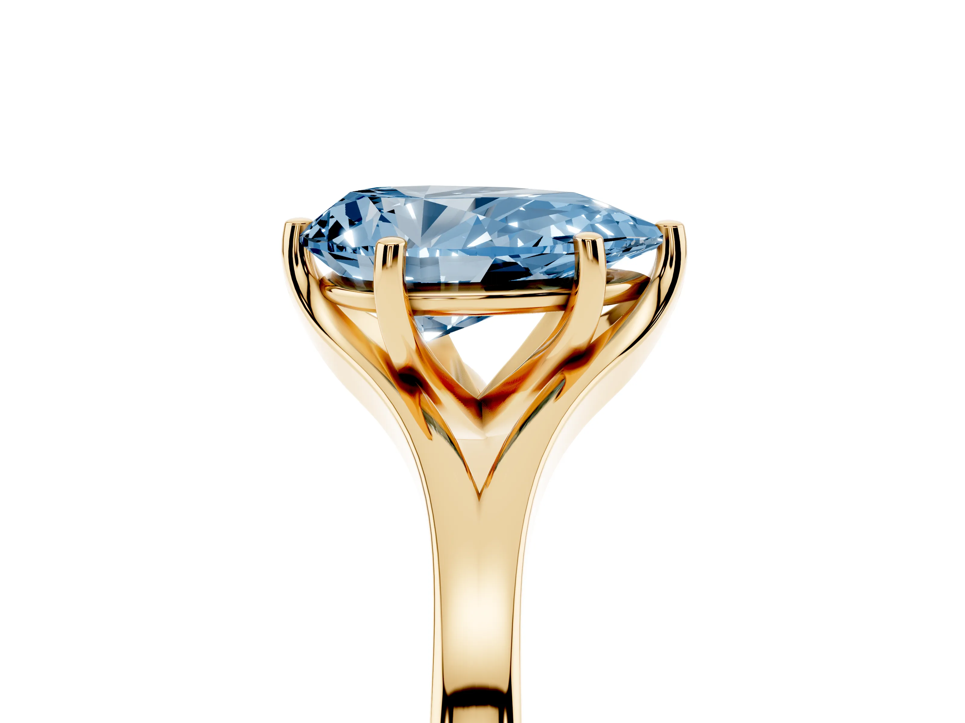 Fancy Blue Pear Cut Diamond Solitaire Ring Set in Yellow gold with Polished Tapered Band and Prong Setting