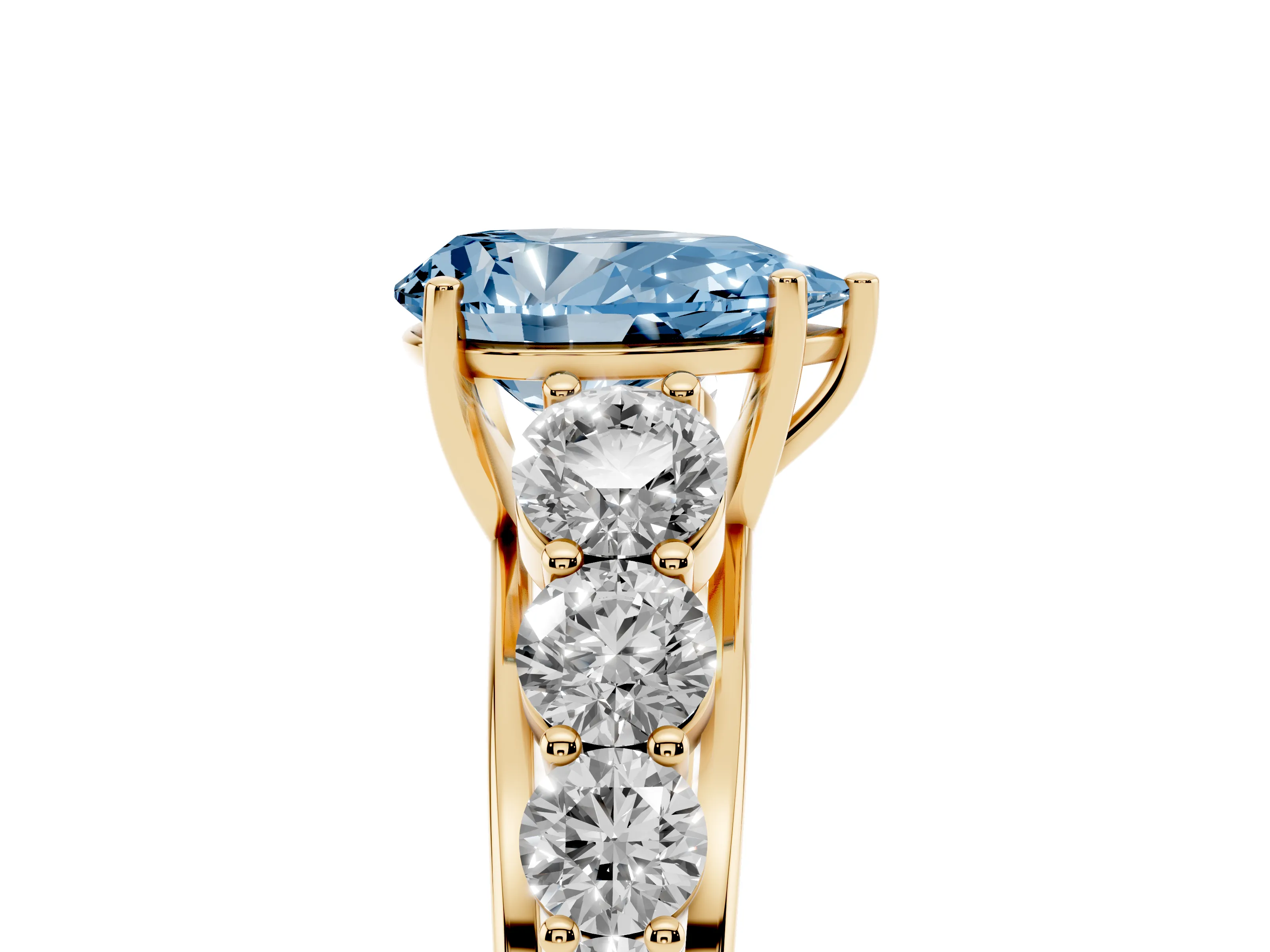 Fancy Blue Pear Cut Diamond Solitaire Ring Set in Yellow gold with Pavé-Set Band and Prong Setting