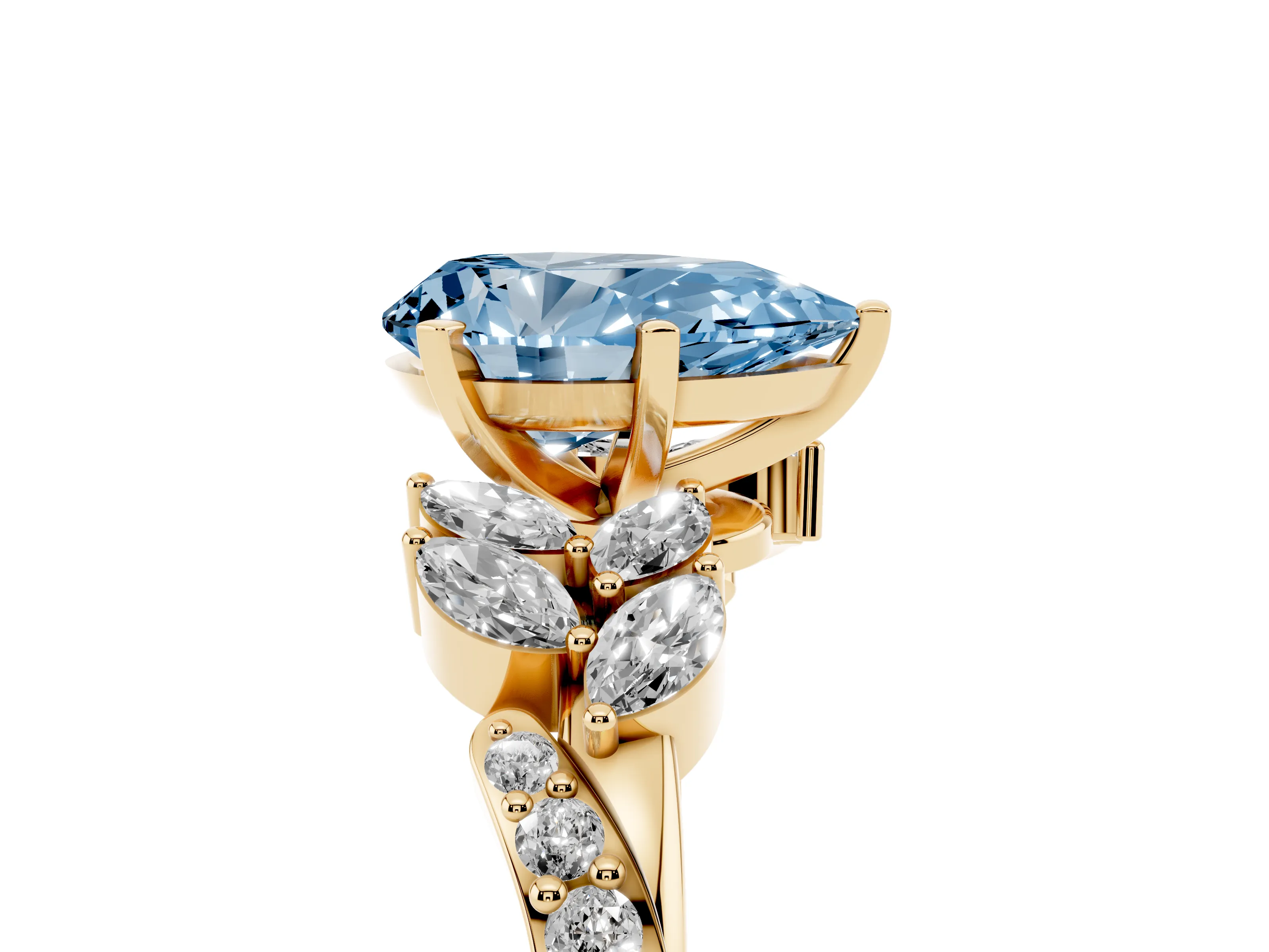 Fancy Blue Pear Cut Diamond Solitaire Ring Set in Yellow gold with Marquise Twist Band and Prong Setting
