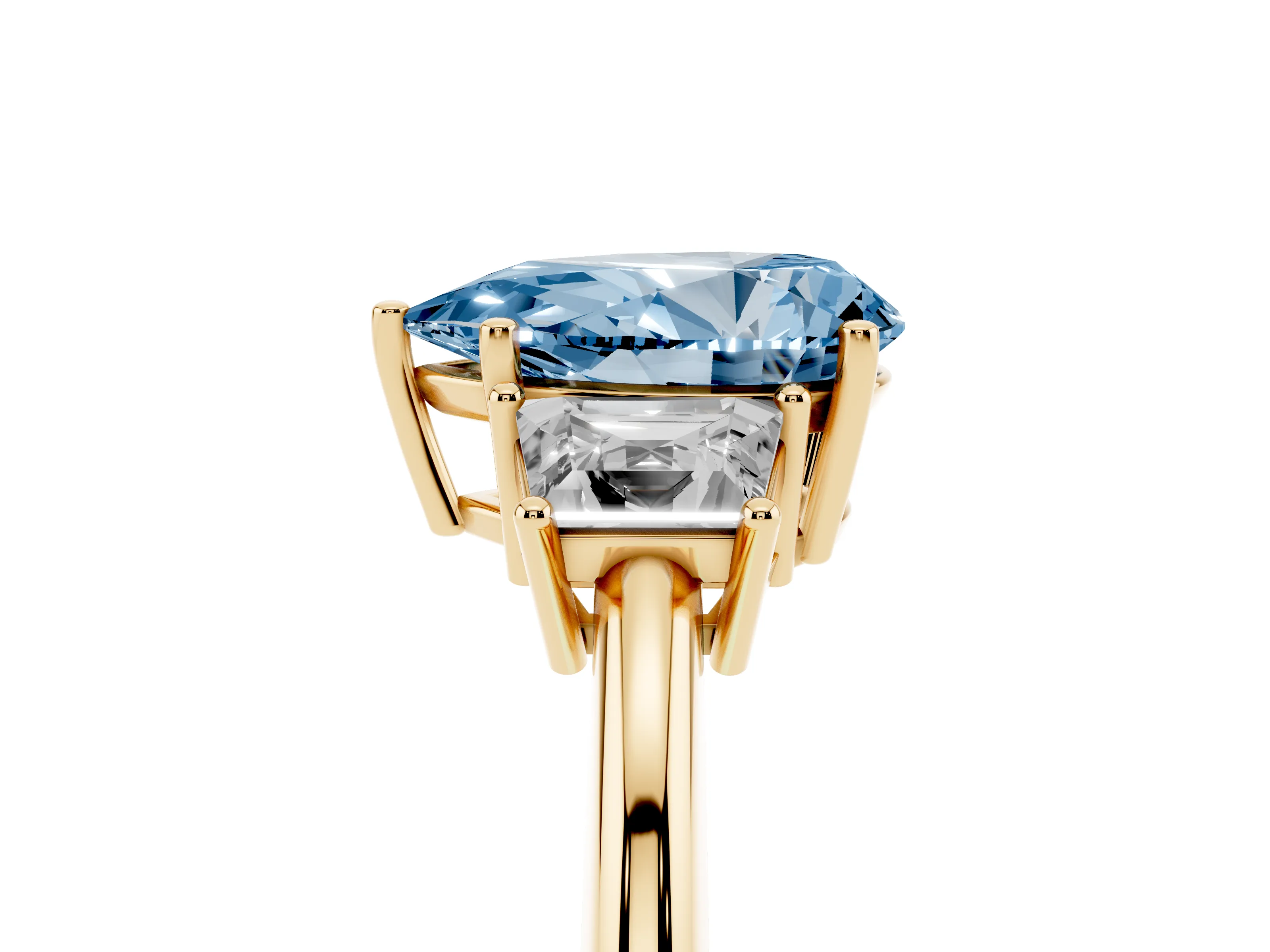Fancy Blue Pear Cut Diamond Three-Stone Ring Set in Yellow gold with Trapezoid Side Stones and Prong Setting
