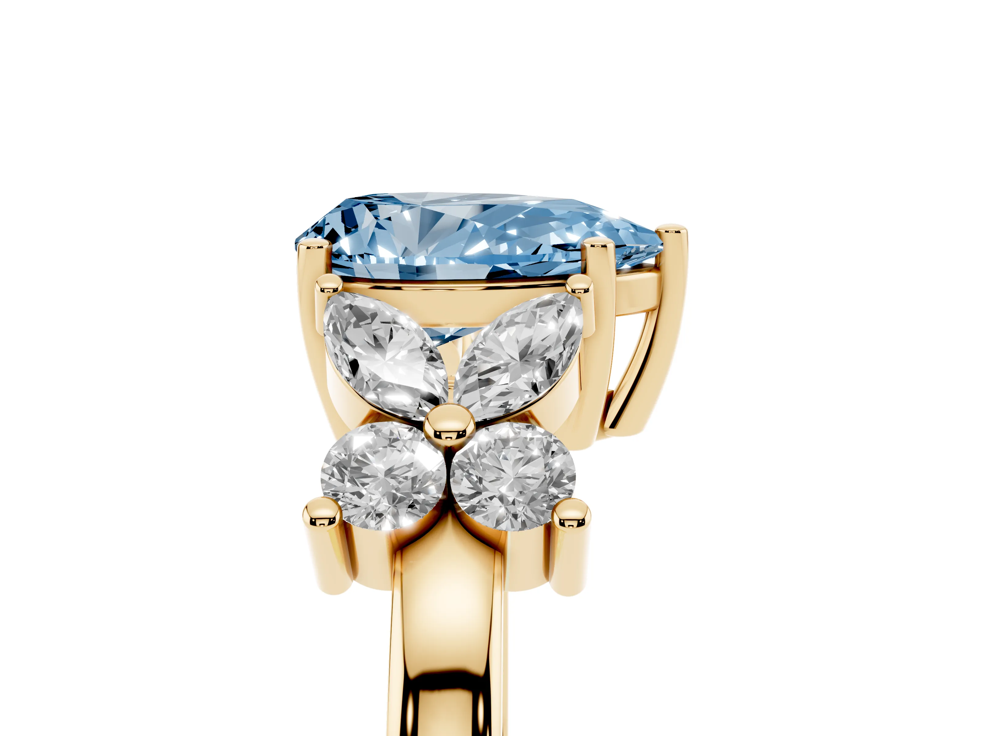 Fancy Blue Pear Cut Diamond Floral Cluster Ring Set in Yellow gold with Marquise Petals and Prong Setting