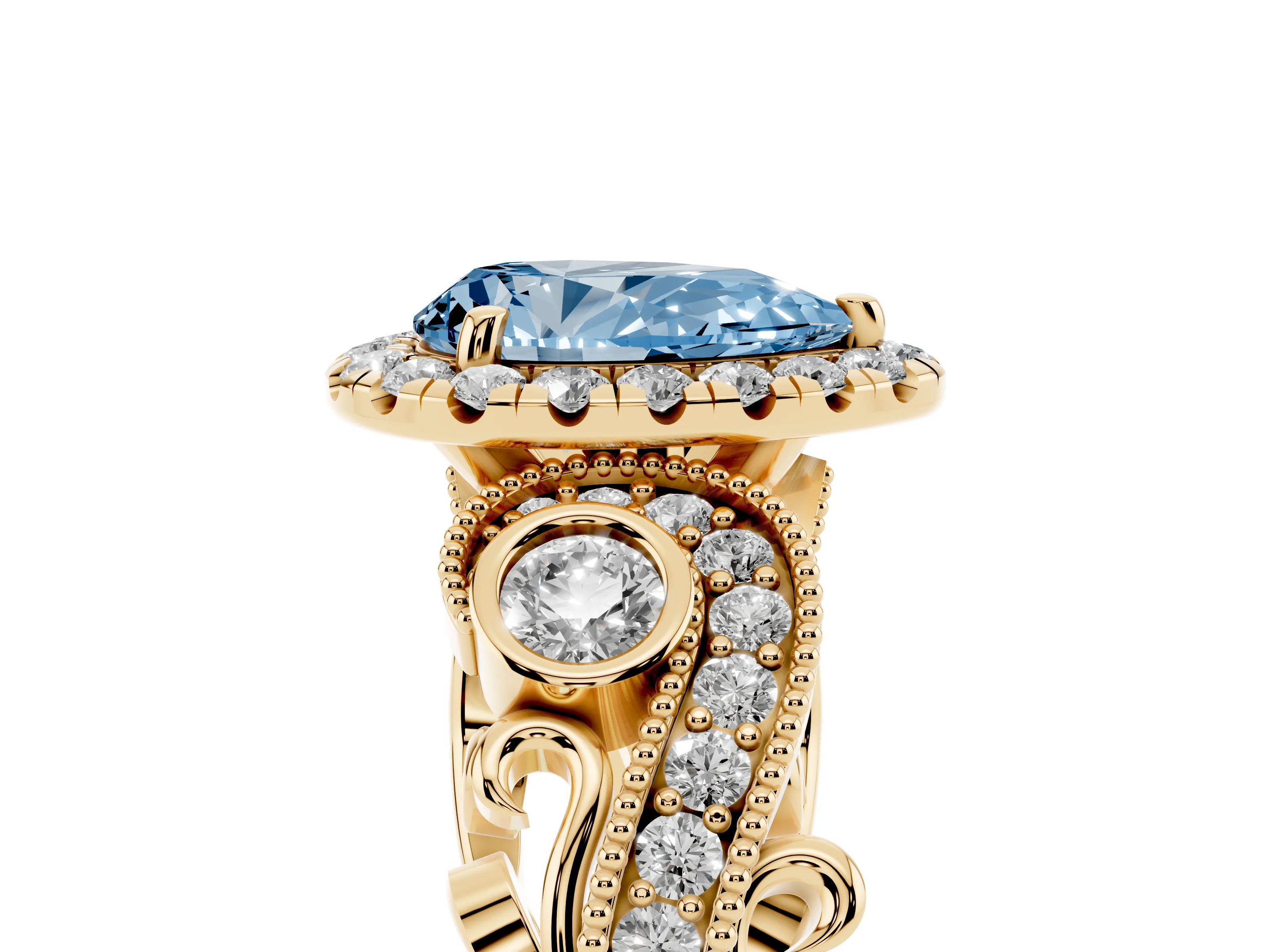 Fancy Blue Pear Cut Diamond Halo Ring Set in Yellow gold with Milgrain Pavé Band and Prong Setting