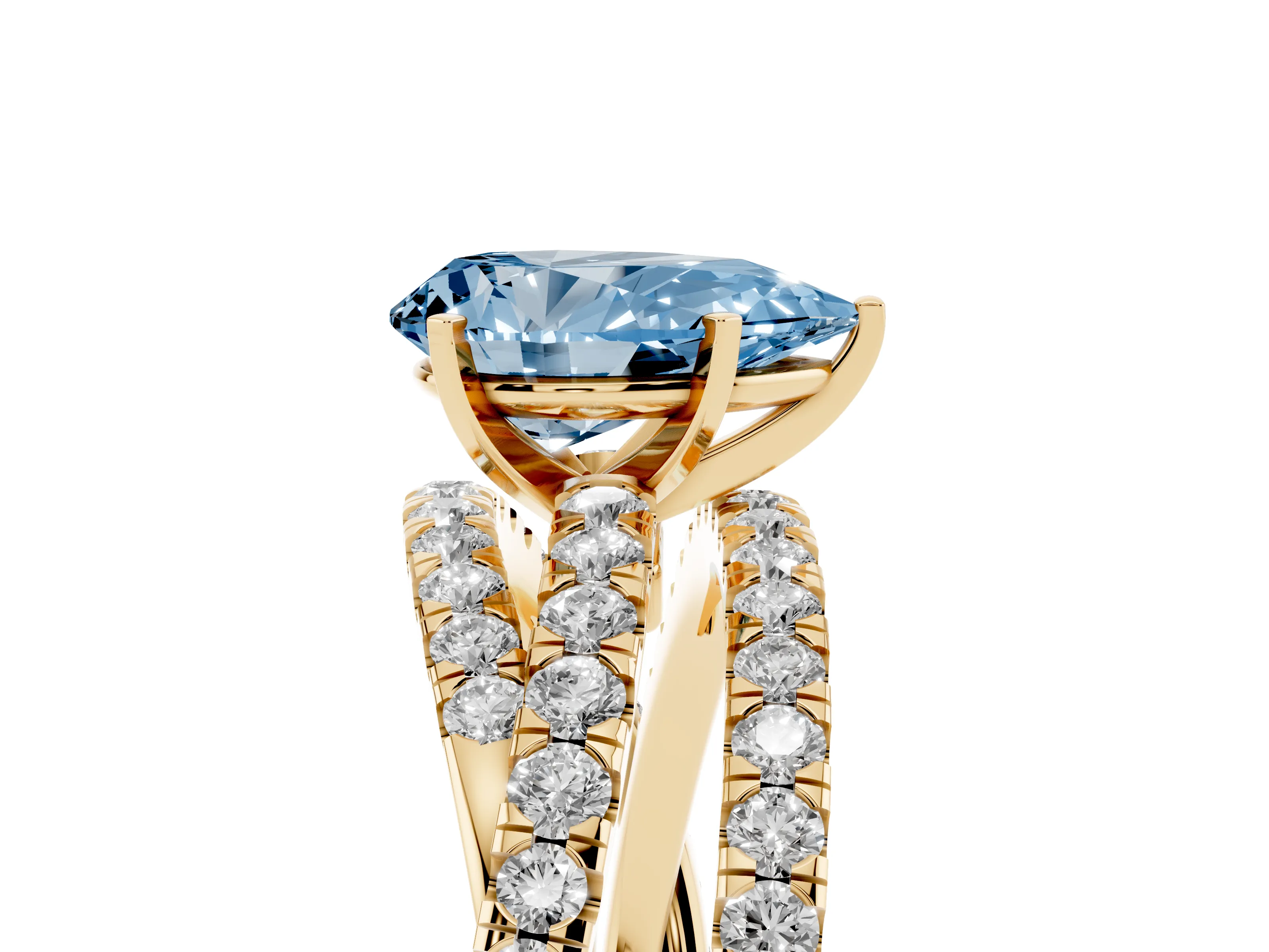 Fancy Blue Pear Cut Diamond Solitaire Twist Band Ring Set in Yellow gold with Pavé Setting and Prong Head