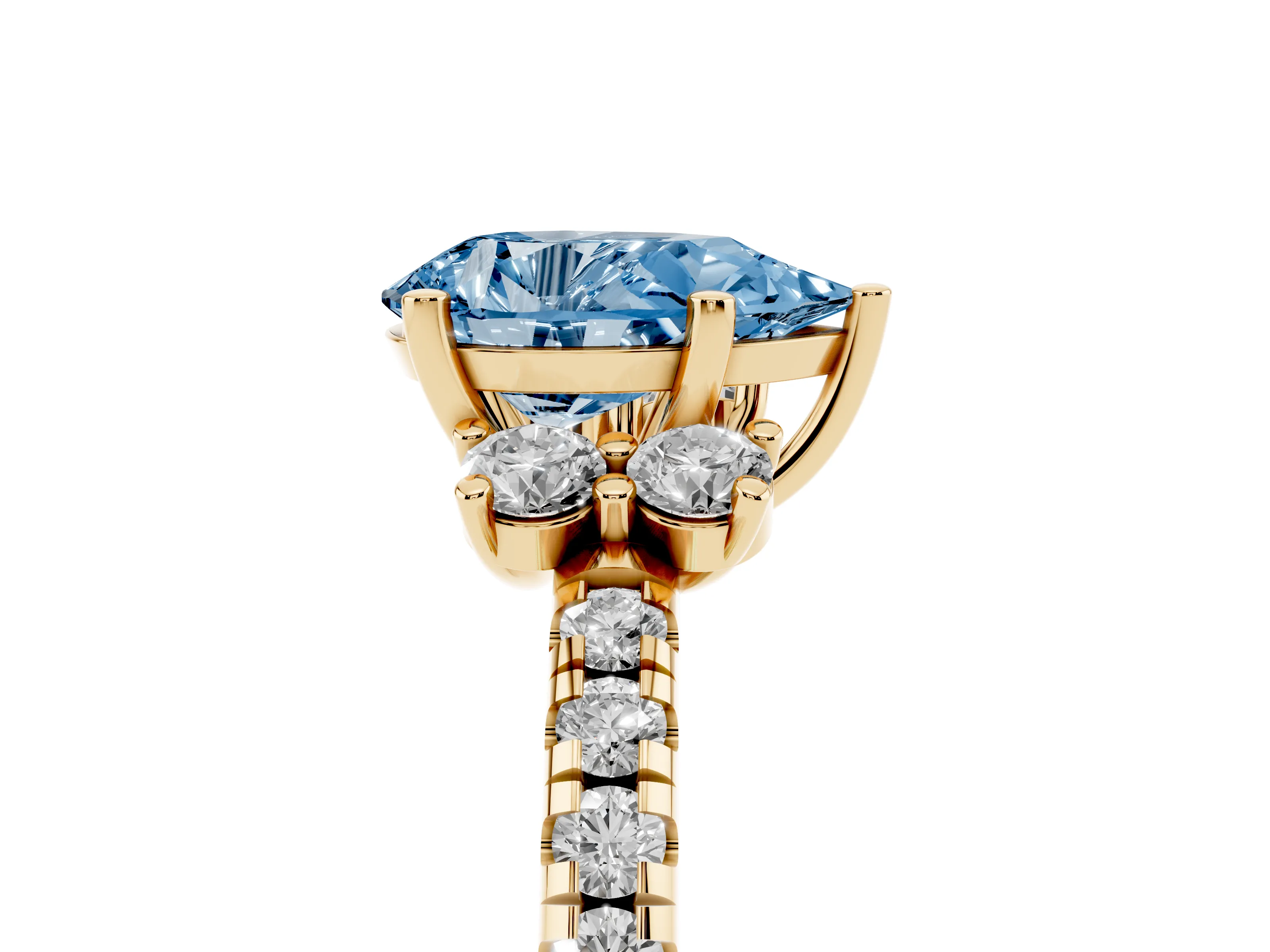 Fancy Blue Pear Cut Diamond Three-Stone Pavé Ring Set in Yellow gold with Prong Setting