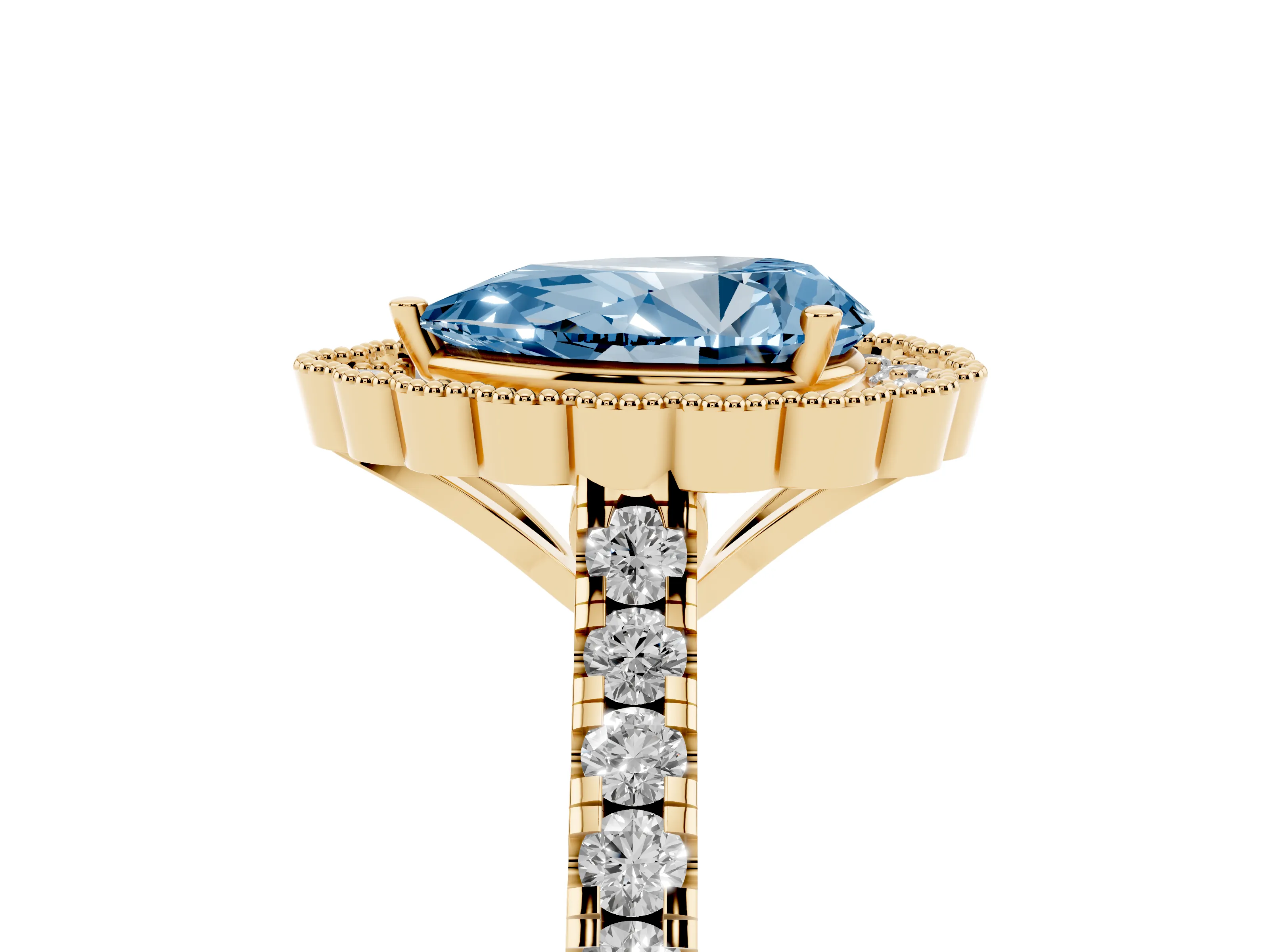 Fancy Blue Pear Cut Diamond Milgrain Floral Halo Engagement Ring Set in Yellow gold with Pavé Band