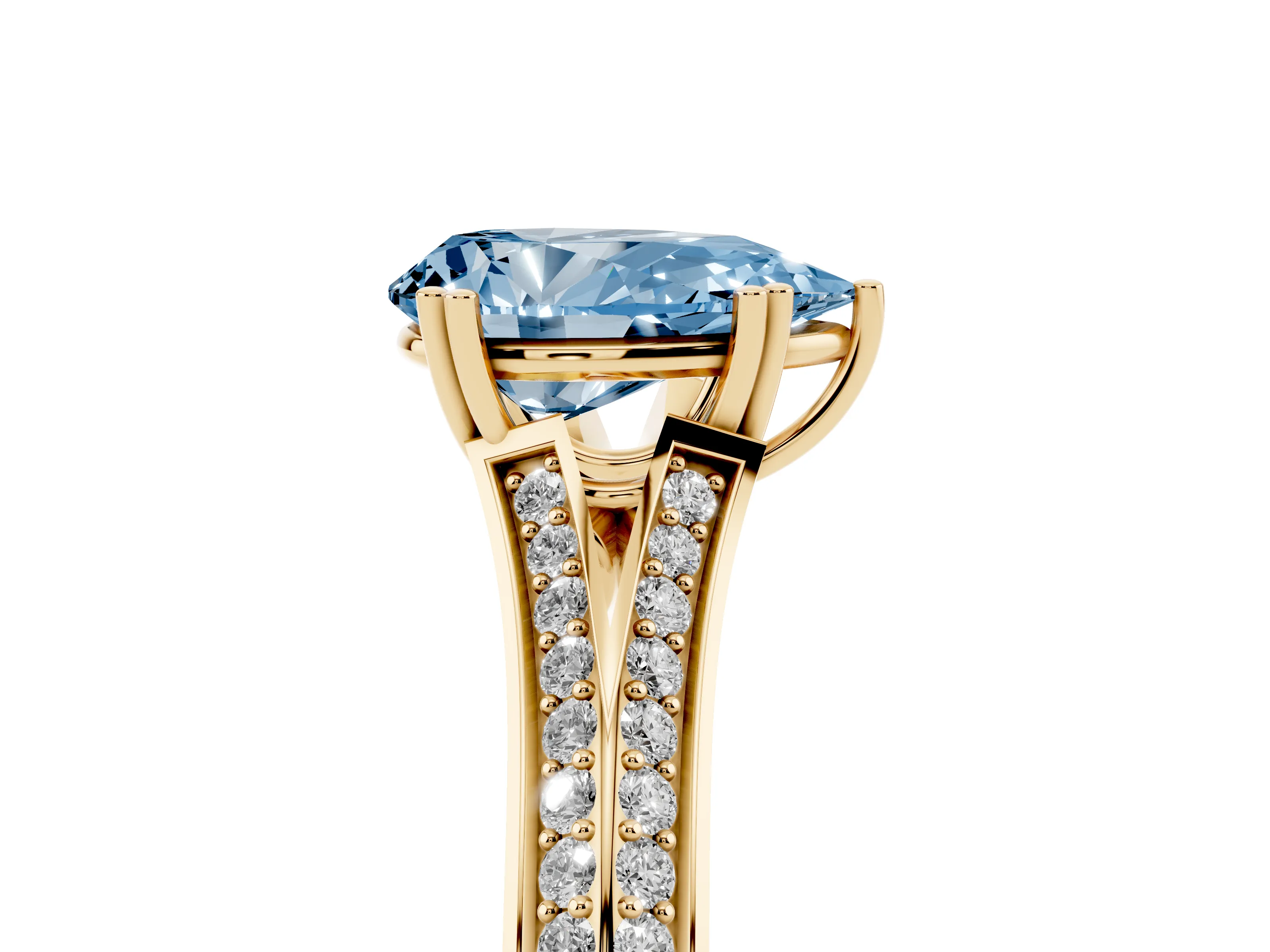 Fancy Blue Pear Cut Diamond Split Shank Pavé Engagement Ring Set in Yellow gold with Prong-Set Center Stone