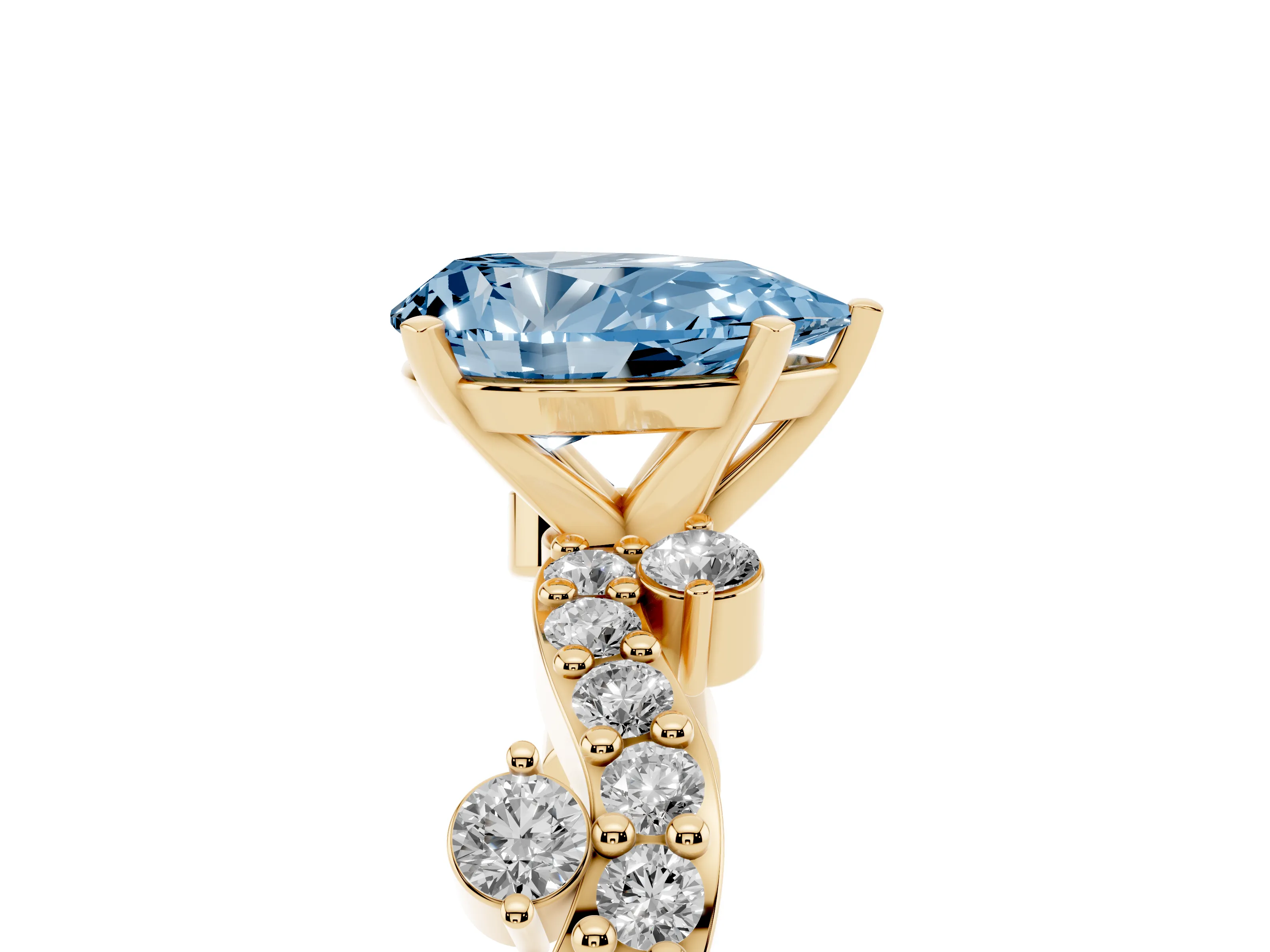 Fancy Blue Pear Cut Diamond Solitaire Twisted Band Set in Yellow gold with Pavé Setting