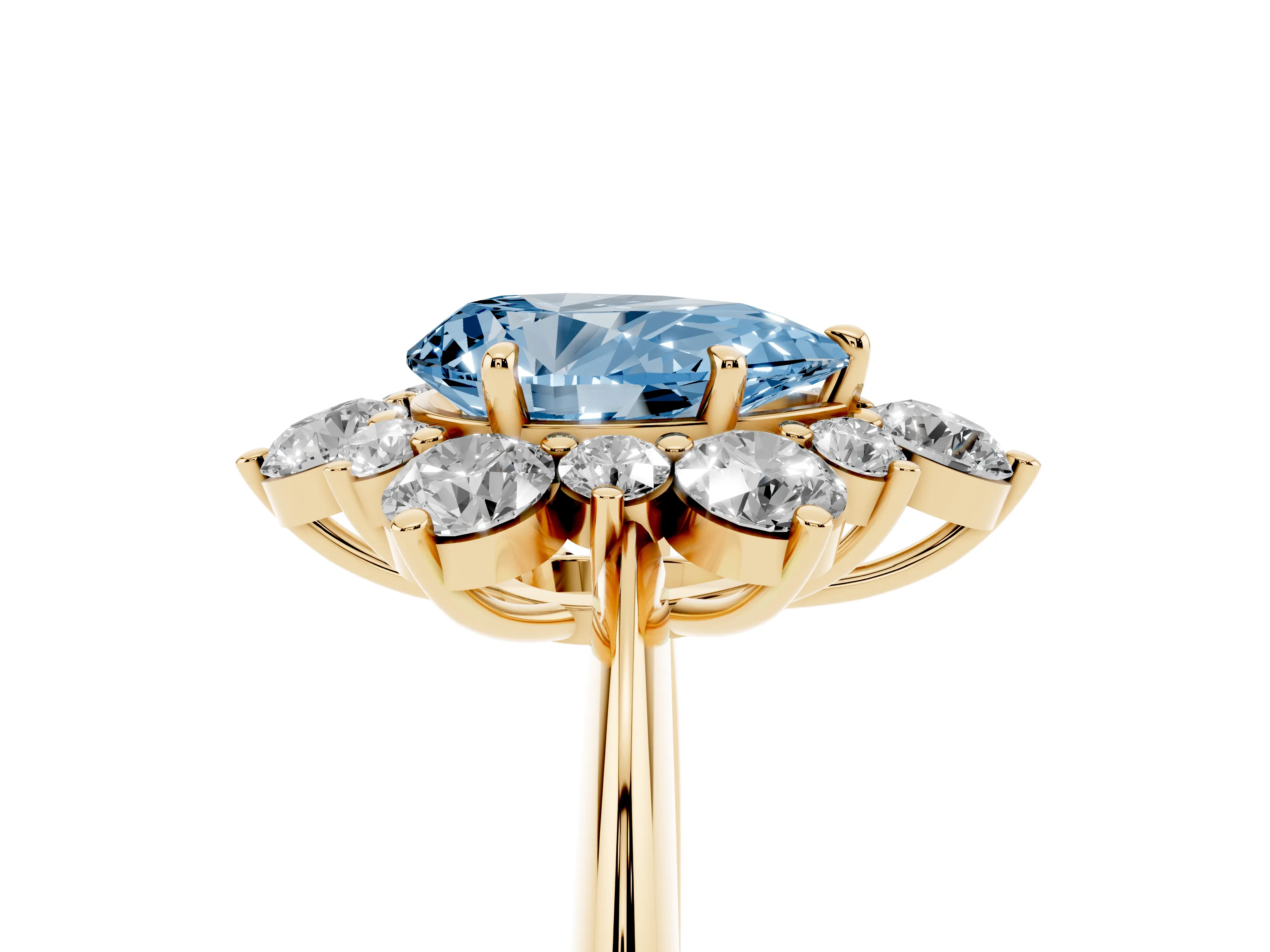 Fancy Blue Pear Cut Diamond Cluster Halo Ring Set in Yellow gold with Solitaire Band and Prong Setting