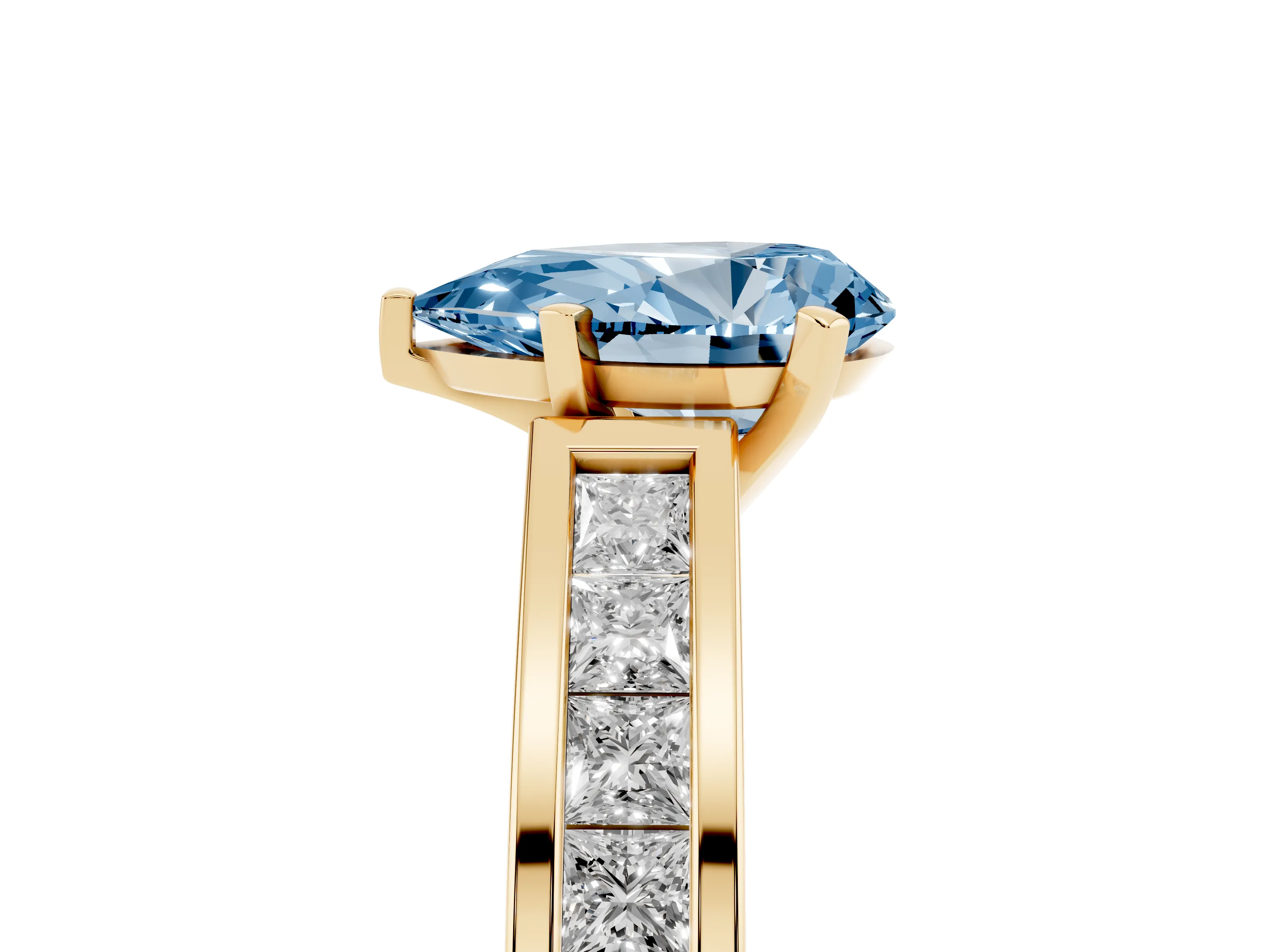 Fancy Blue Pear Cut Diamond Solitaire Ring Set in Yellow gold with Channel-Set Band and Prong Setting