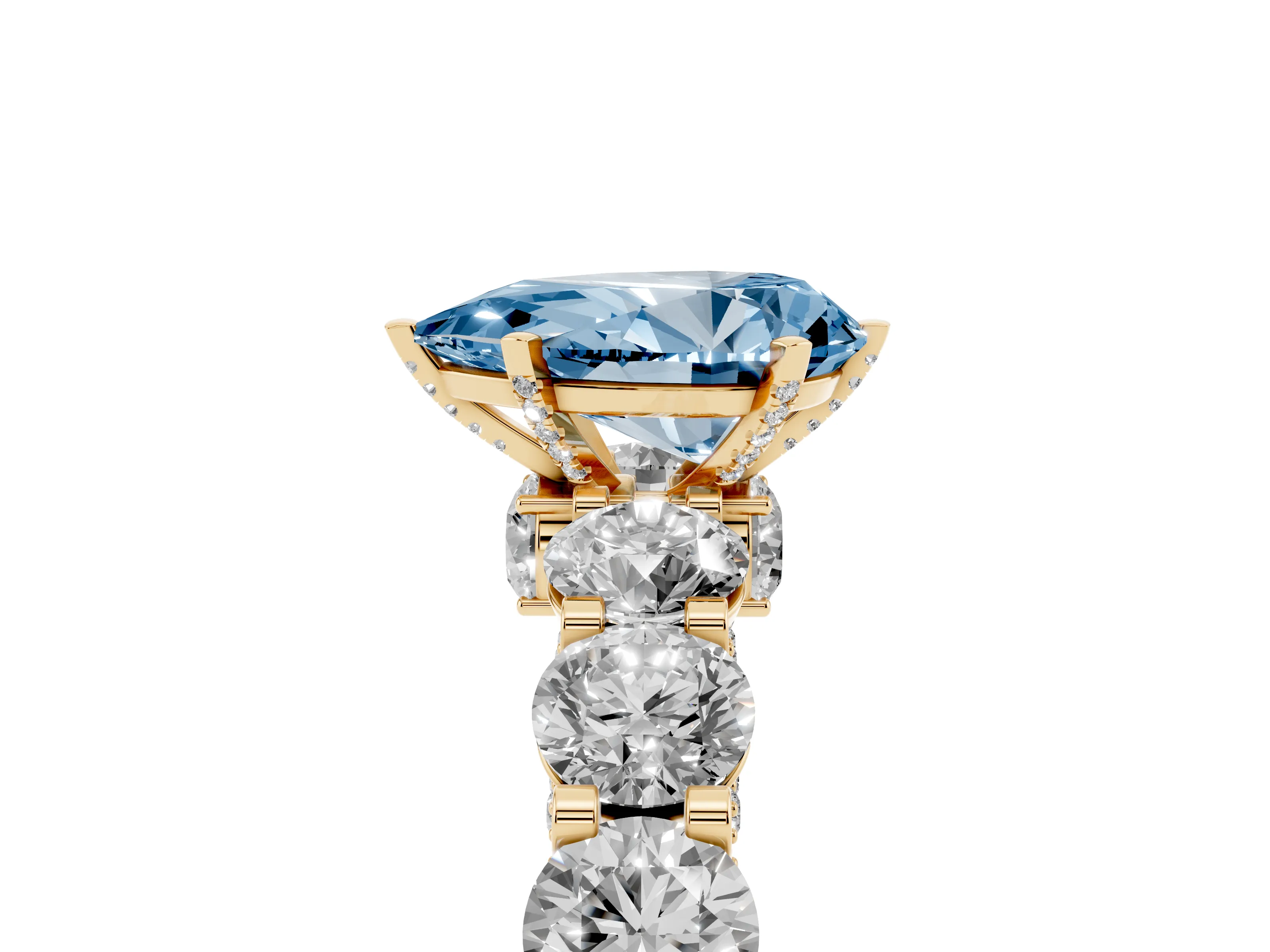 Fancy Blue Pear Cut Diamond Side Stone Ring Set in Yellow gold with Alternating Round and Oval Side Stones