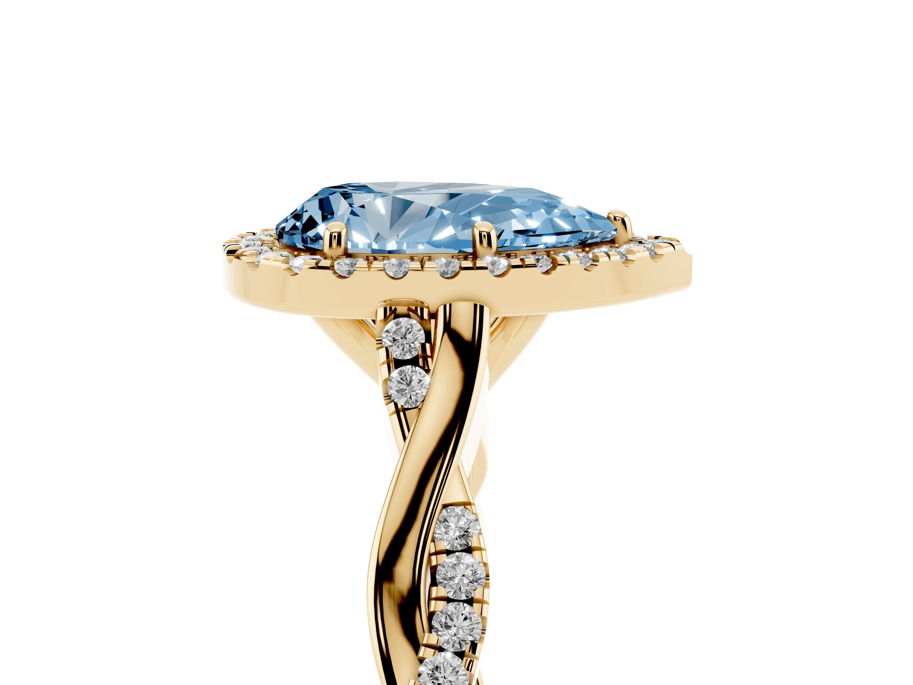 Fancy Blue Pear Cut Diamond Halo Twist Band Solitaire Ring Set in Yellow gold with Prong Setting