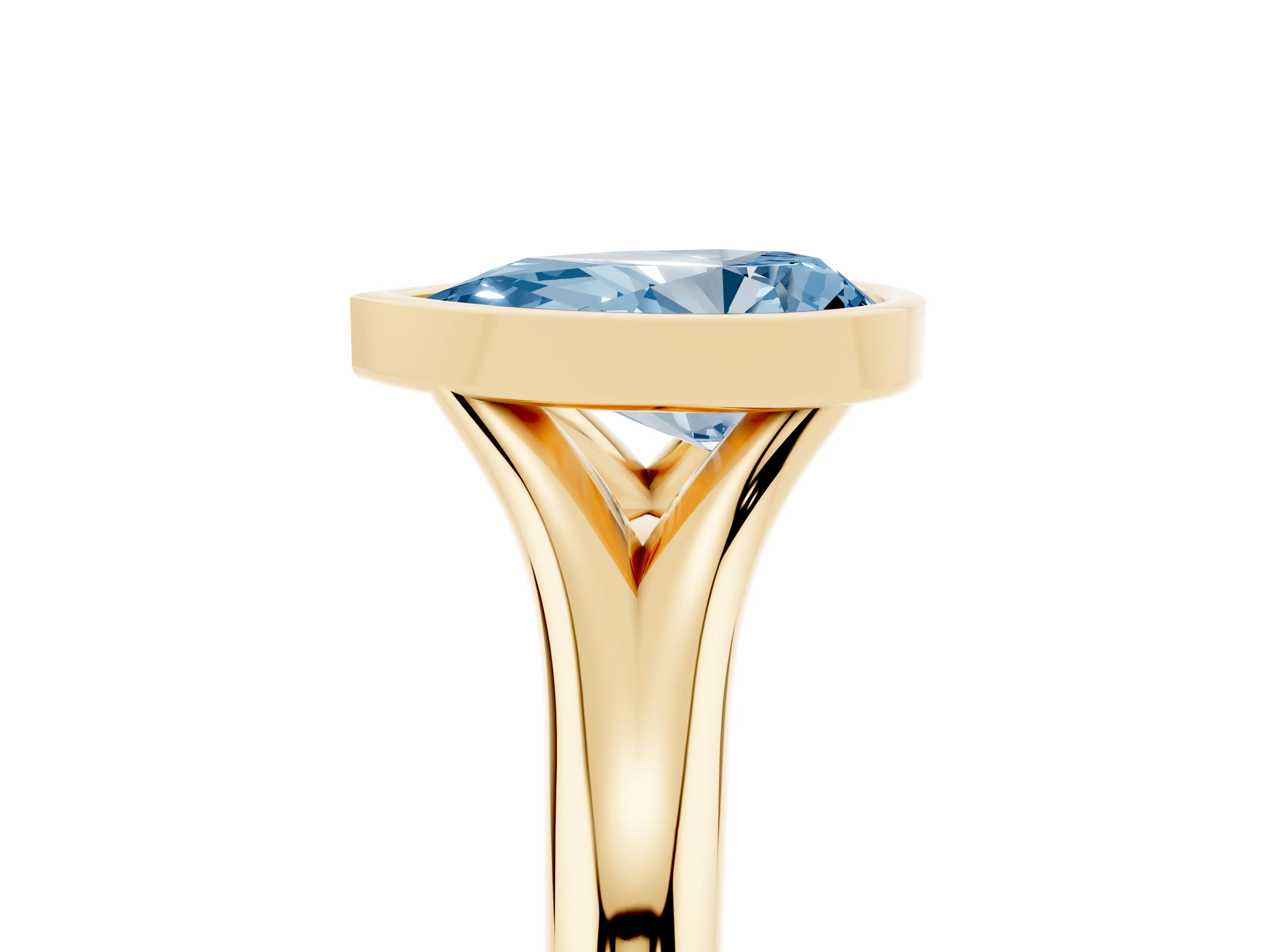 Fancy Blue Bezel Set Pear Cut Diamond Solitaire Ring Set in Yellow gold with Smooth Band
