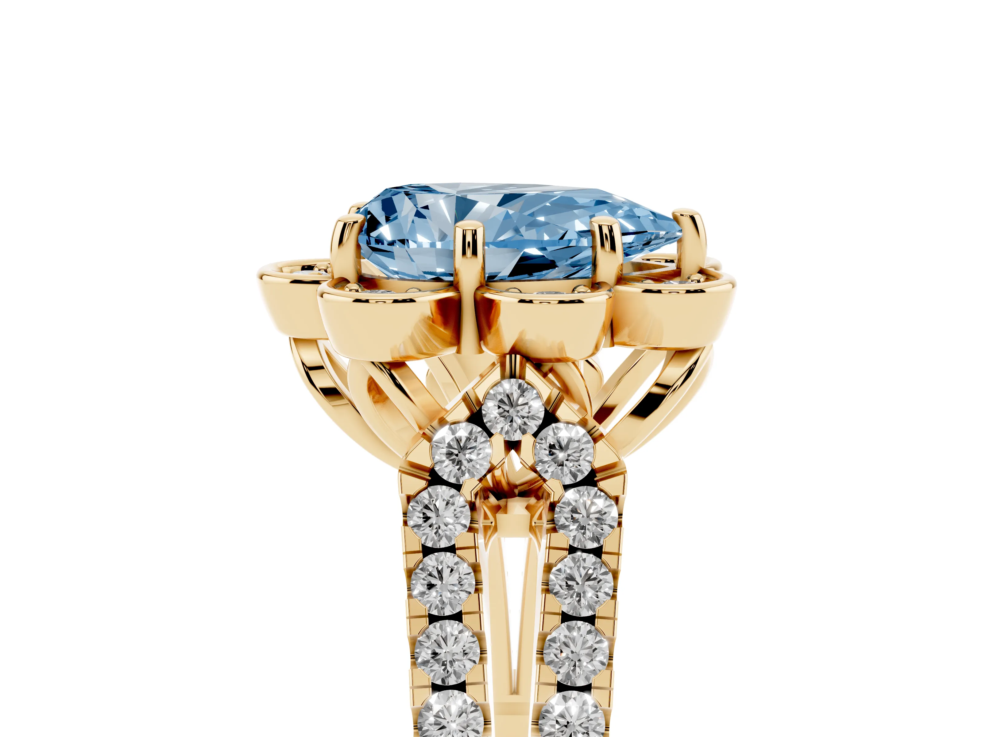 Fancy Blue Pear Cut Diamond Floral Halo Split Shank Engagement Ring Set in Yellow gold with Pavé Shank
