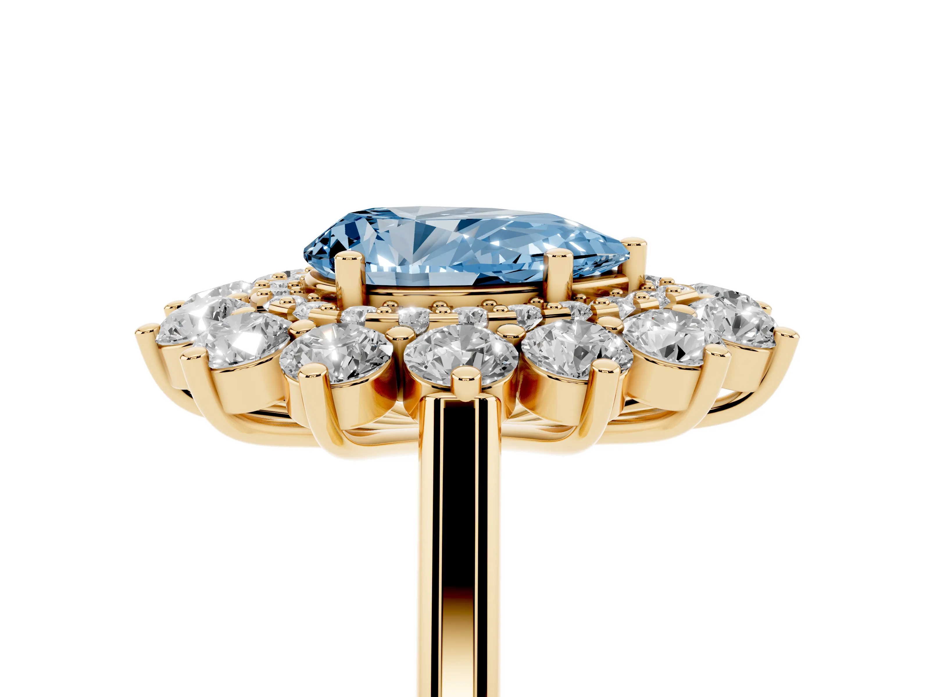 Fancy Blue Pear Cut Diamond Floral Double Halo Ring Set in Yellow gold with Round Petals