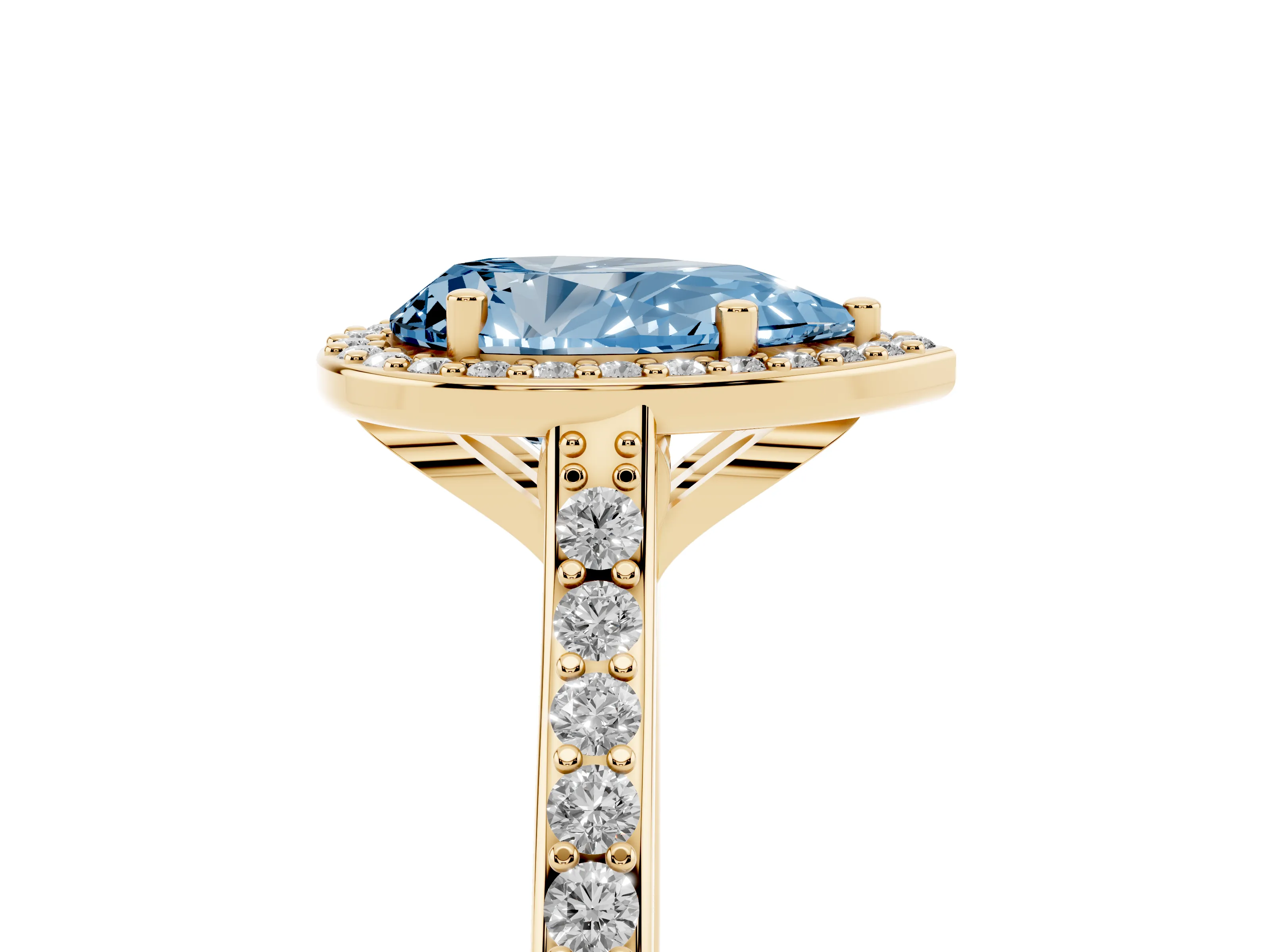 Fancy Blue Pear Cut Diamond Halo Engagement Ring Set in Yellow gold with Round Pavé Shoulders and Heart Gallery