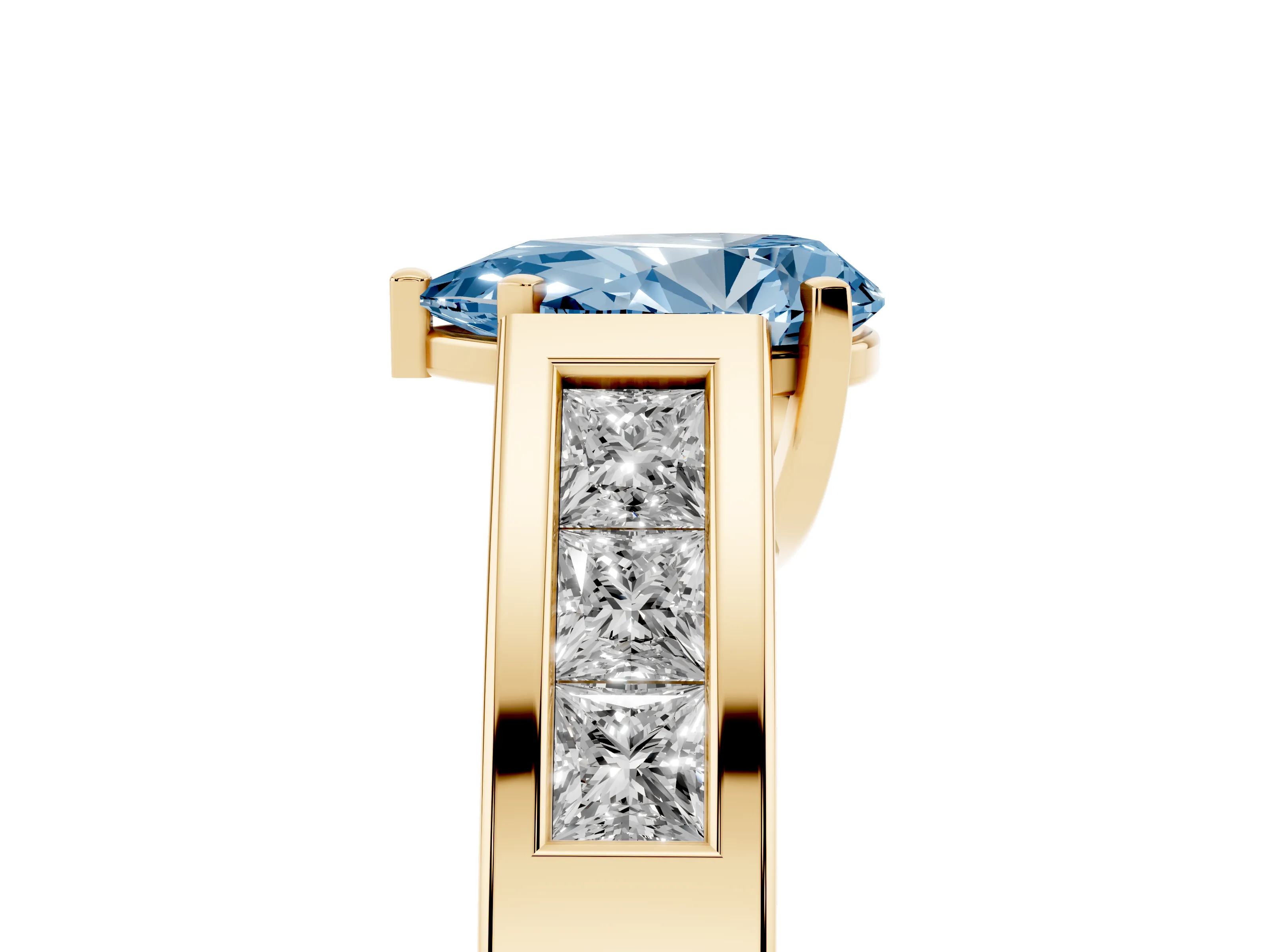 Fancy Blue Pear Cut Diamond Solitaire Ring Set in Yellow gold with Channel-Set Accent Stones and Prong Setting