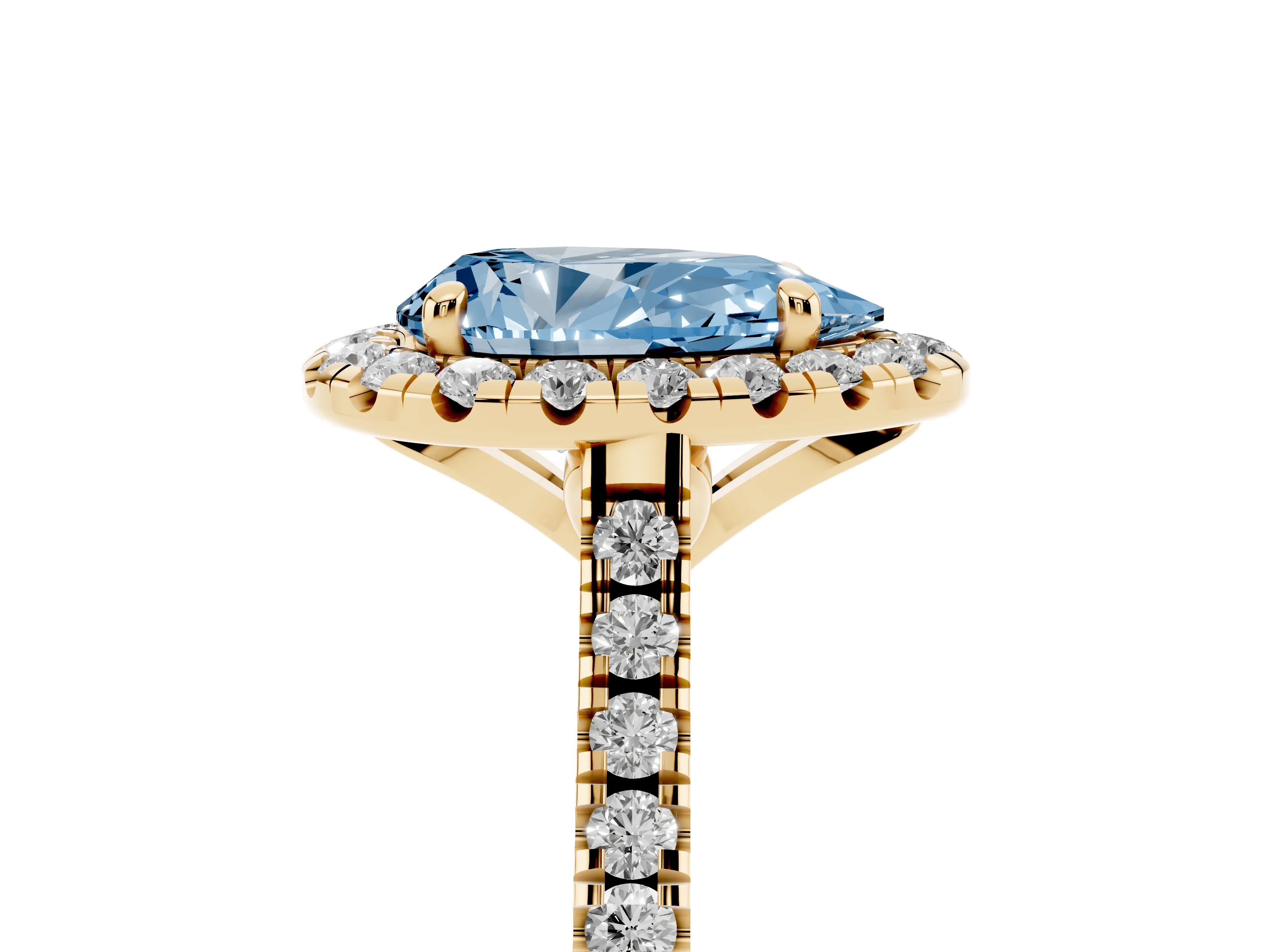 Fancy Blue Pear Cut Diamond Cushion Halo Ring Set in Yellow gold with Pavé Band