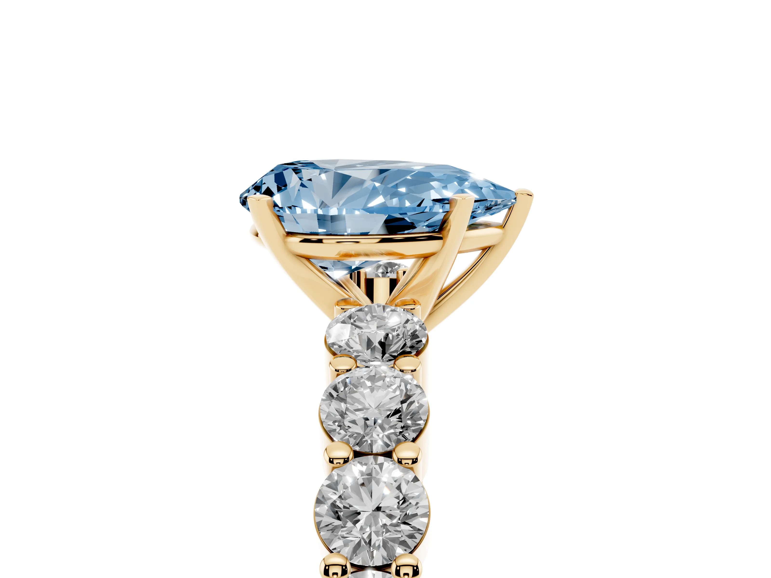 Fancy Blue Pear Cut Diamond Solitaire Ring Set in Yellow gold with Shared Prong Round Side Stones