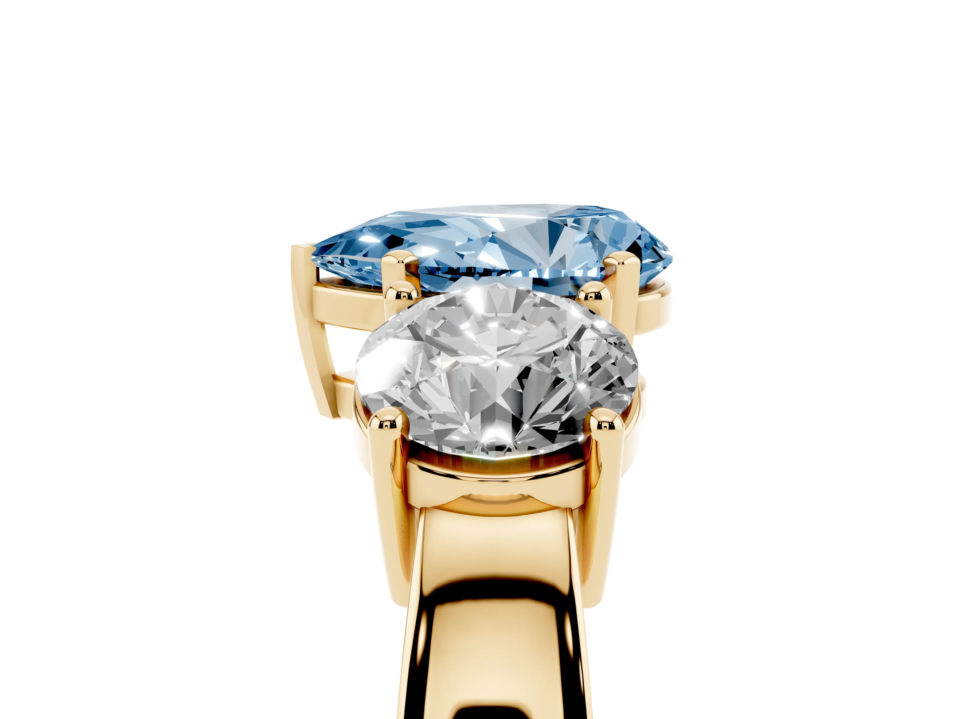Fancy Blue Pear Cut Diamond Three-Stone Ring Set in Yellow gold with Round Side Stones and Classic Band