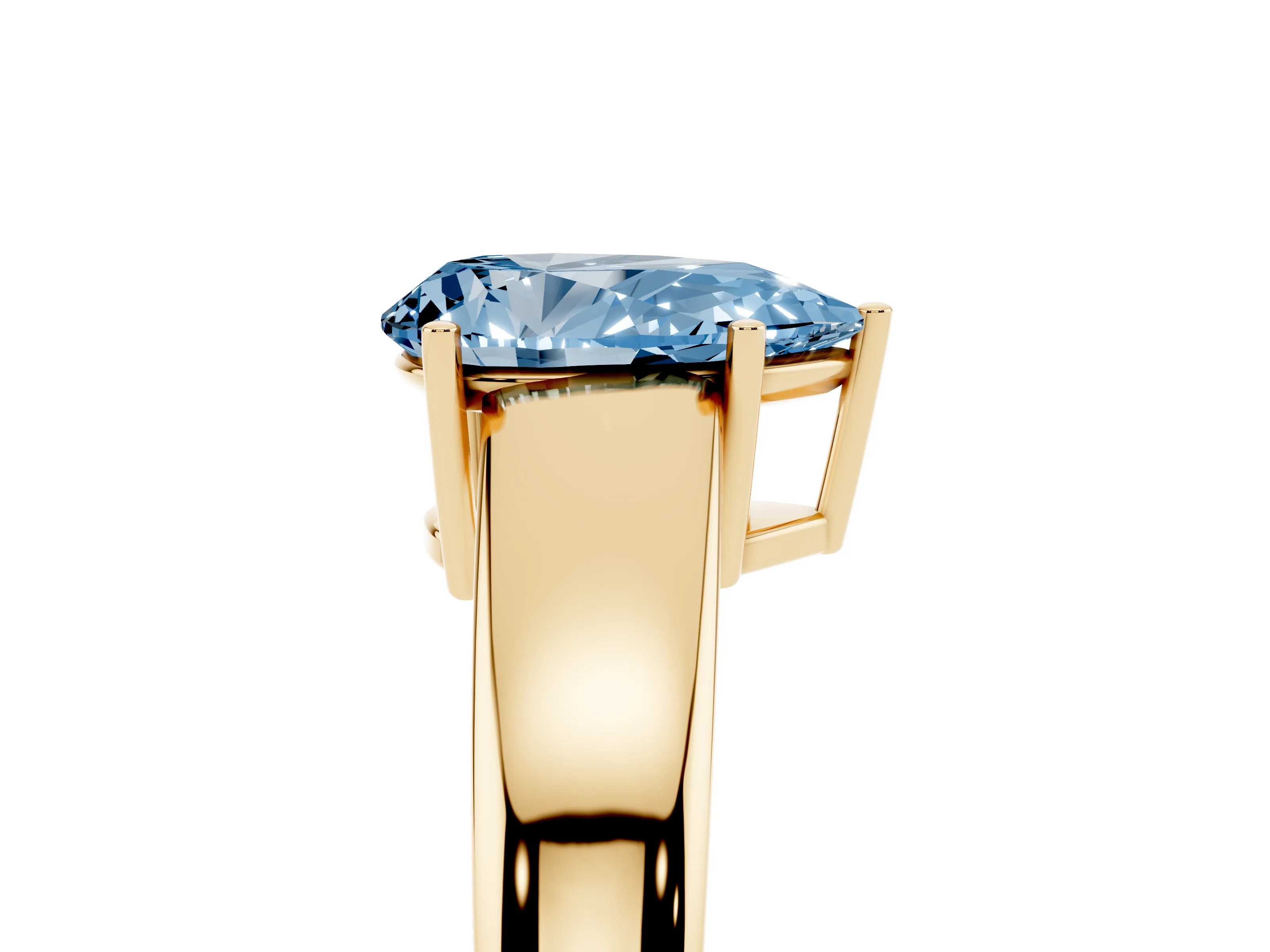Fancy Blue Pear Cut Diamond Solitaire Ring Set in Yellow gold with Tapered Band and Prong Setting