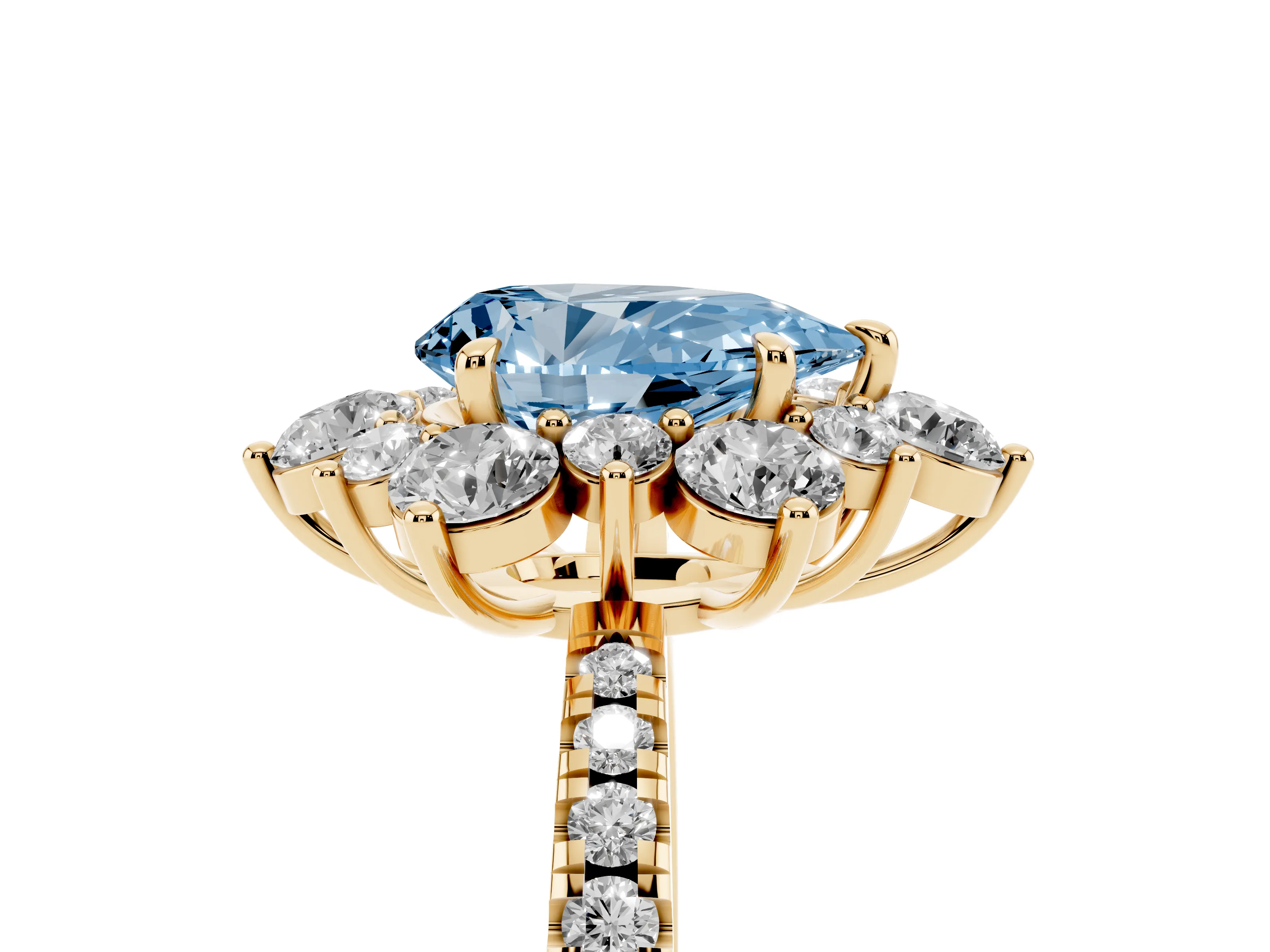Fancy Blue Pear Cut Diamond Floral Halo Ring Set in Yellow gold with Round Pavé Band and Prong Setting