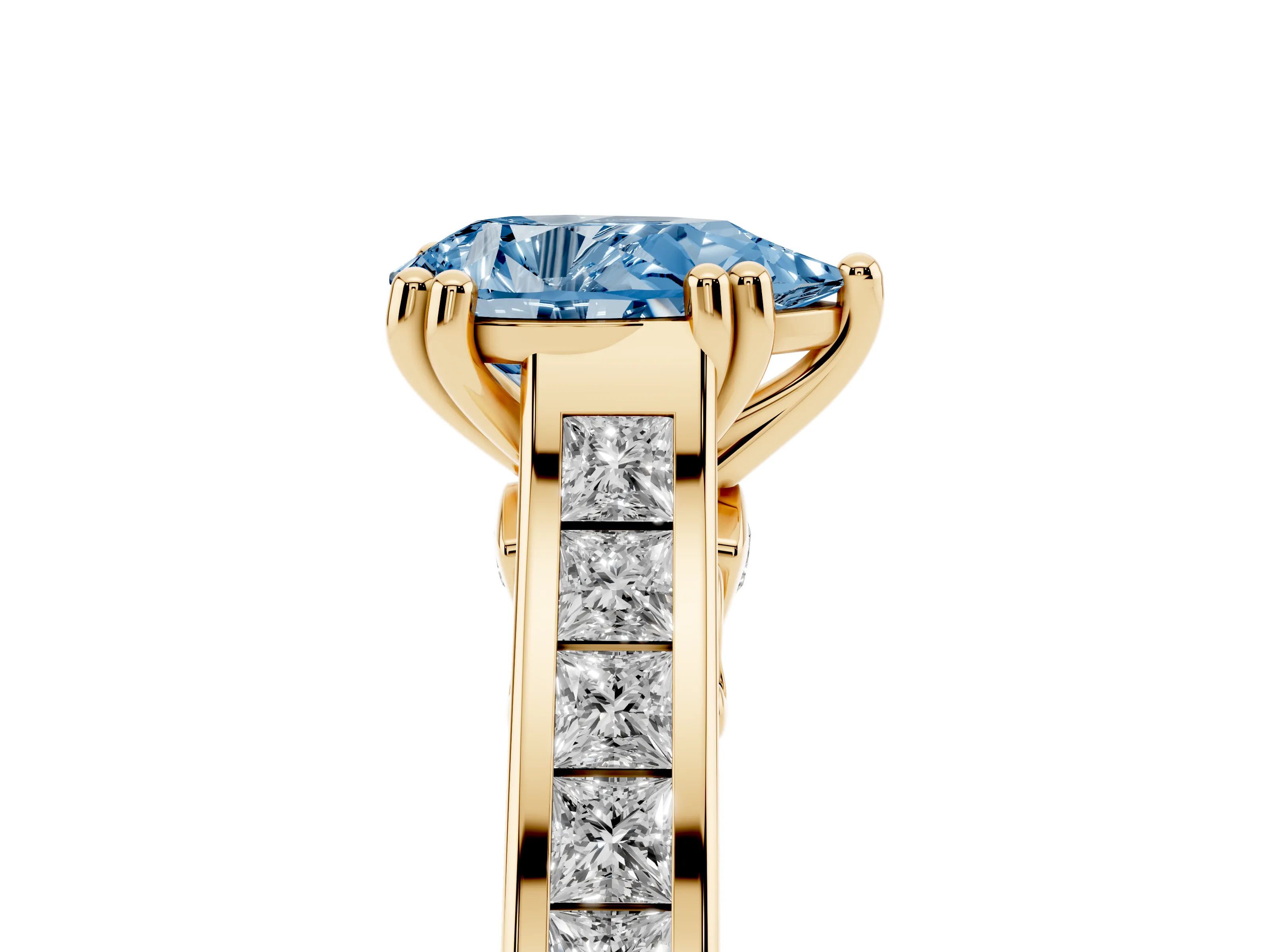 Fancy Blue Pear Cut Diamond Channel Set Solitaire Engagement Ring Set in Yellow gold with Prong Setting