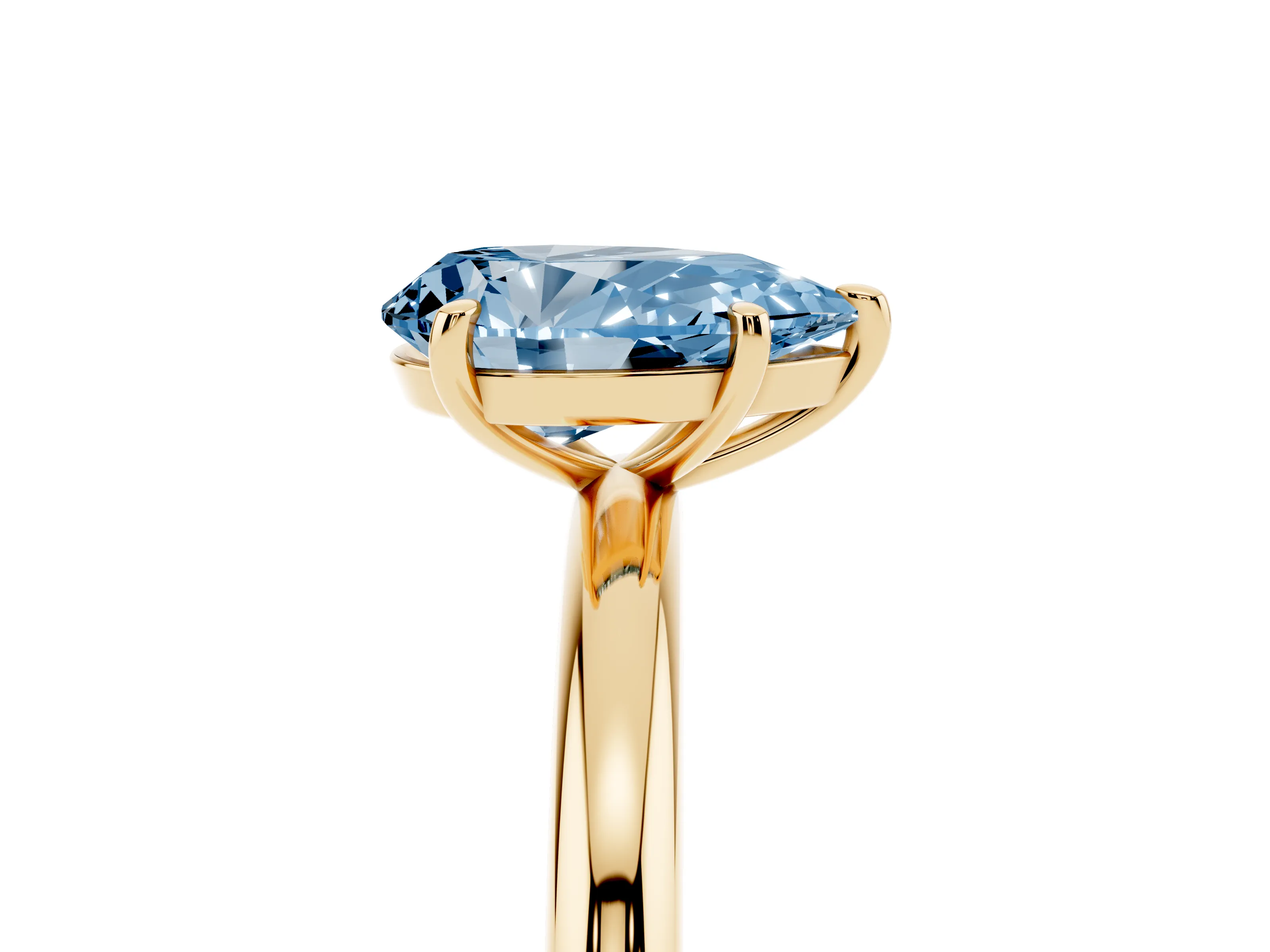 Fancy Blue Pear Cut Diamond Solitaire Ring Set in Yellow gold with Prong Setting on a Polished Plain Band