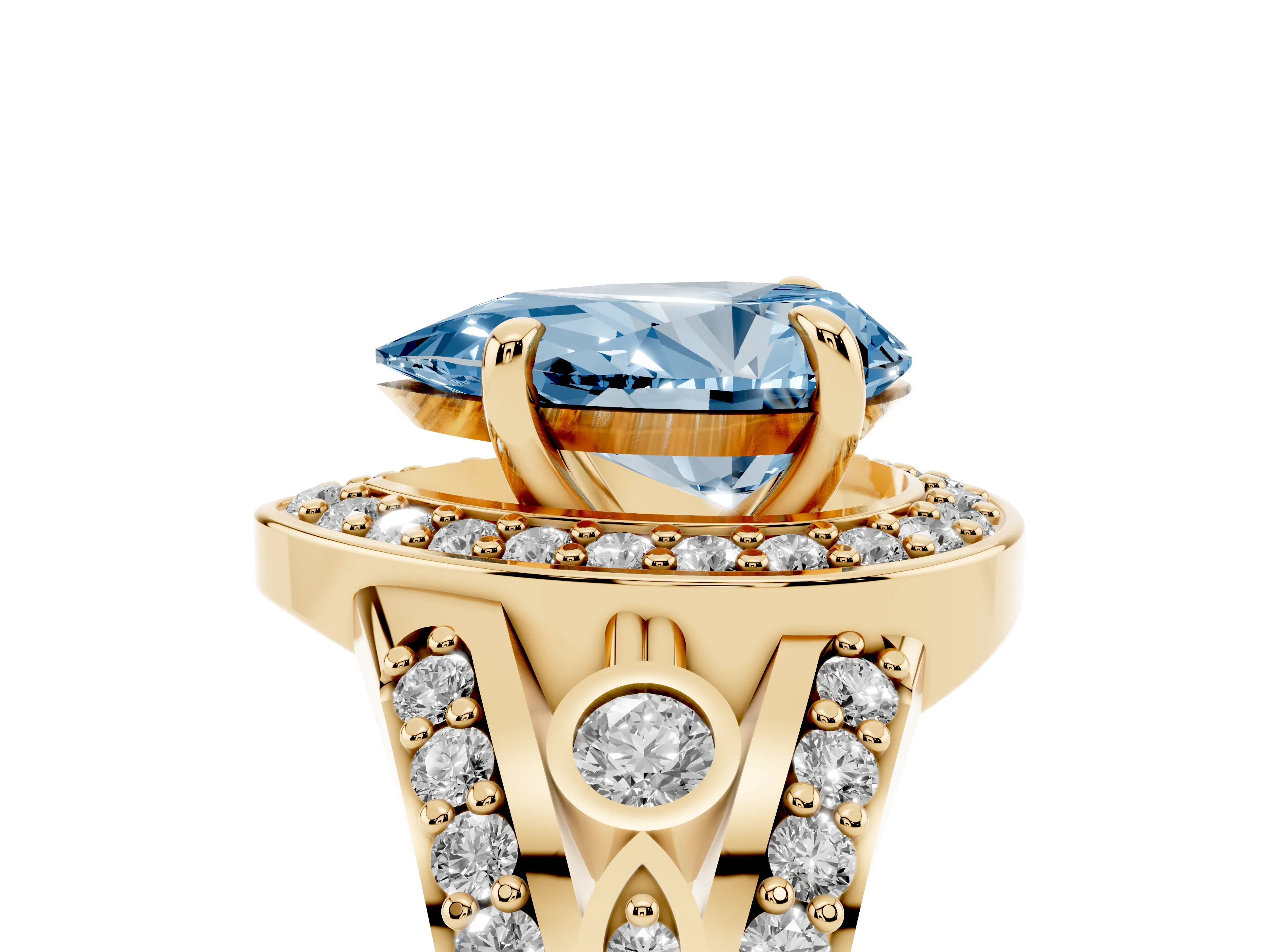 Fancy Blue Pear Cut Diamond Halo Ring Set in Yellow gold with Pavé Split Shank and Bezel Accents