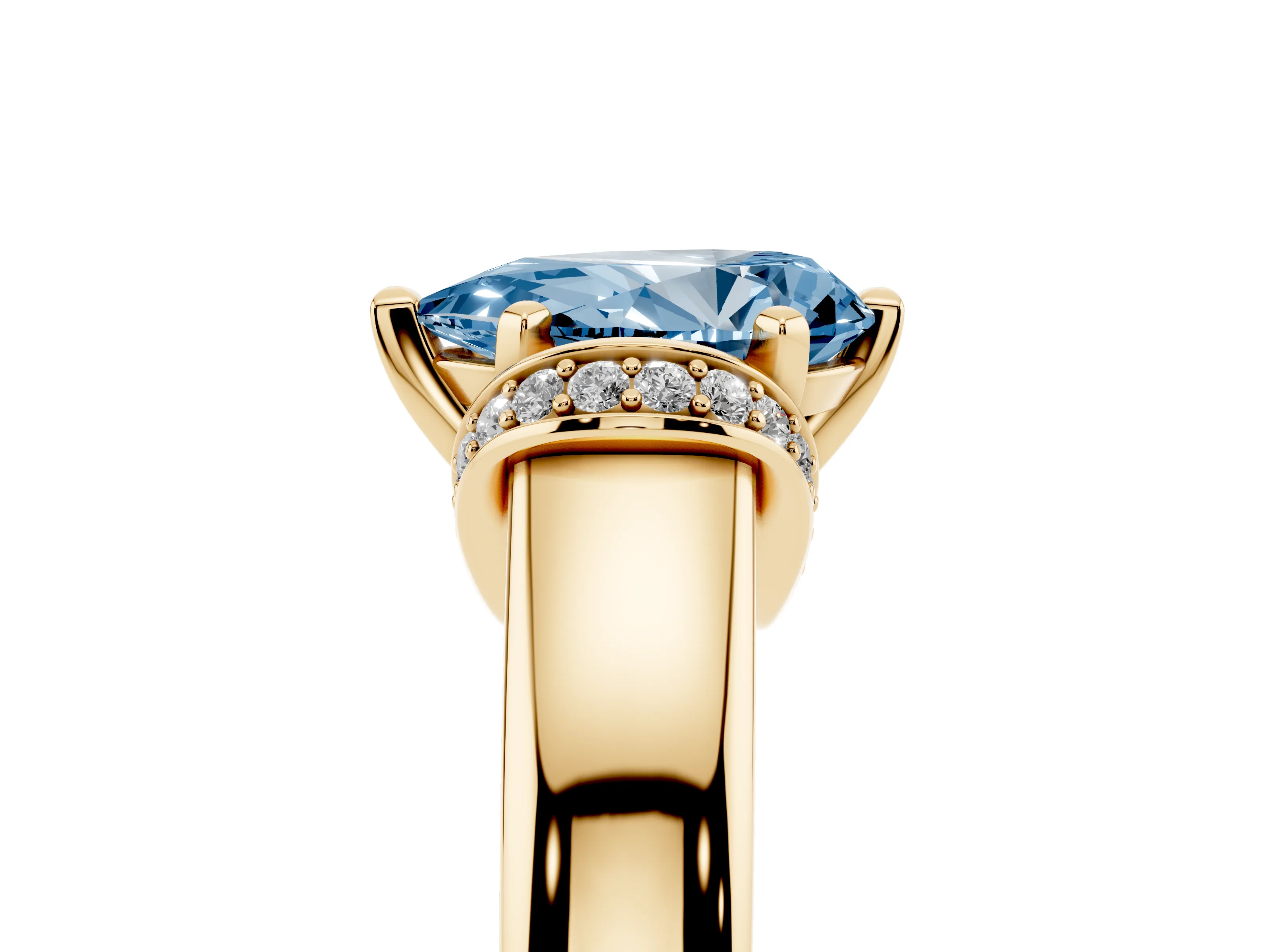 Fancy Blue Pear Cut Diamond Pavé Band Solitaire Ring Set in Yellow gold with Prong Setting