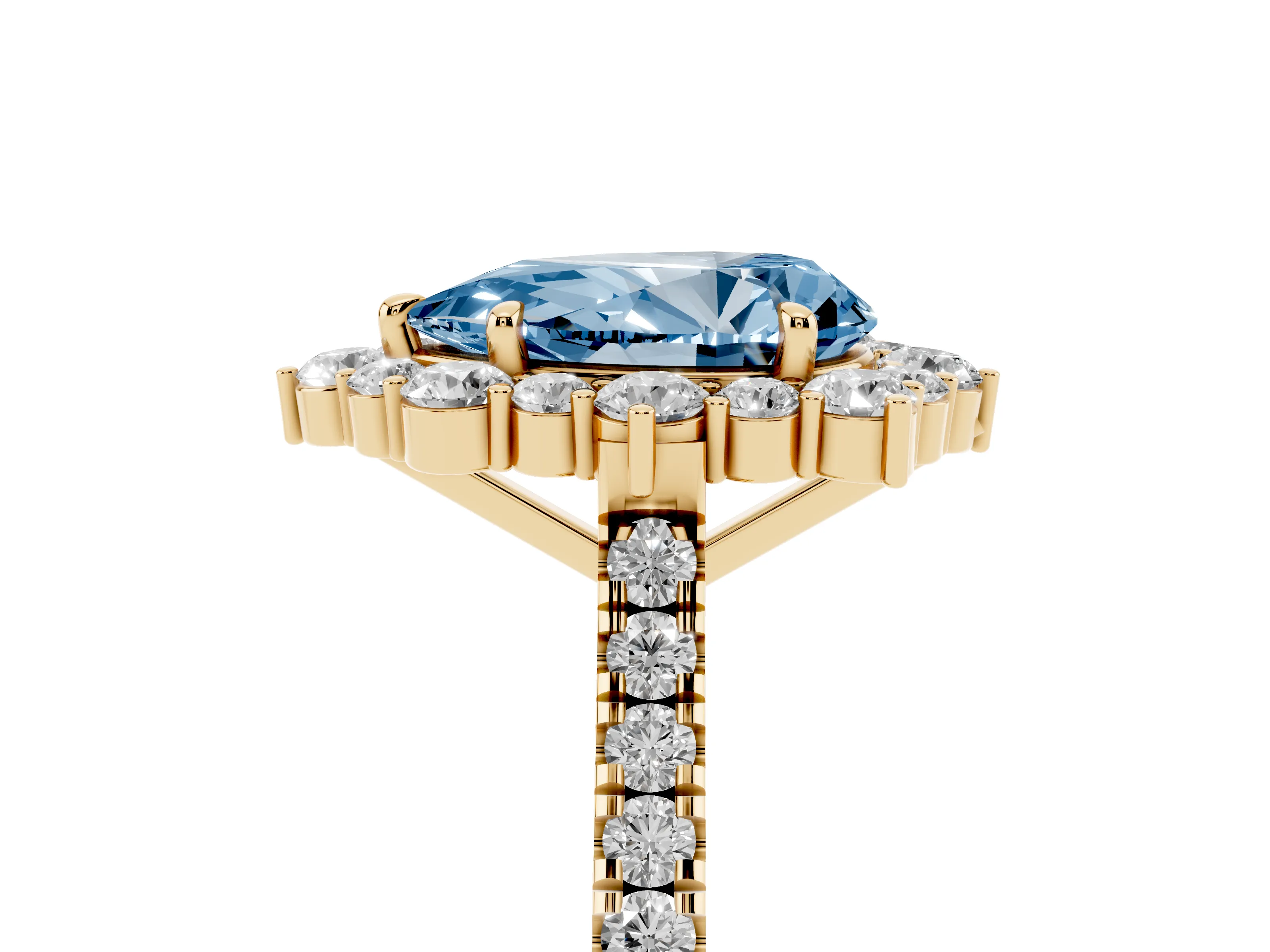 Fancy Blue Pear Cut Diamond Halo Ring Set in Yellow gold with Pavé Band and Prong Setting
