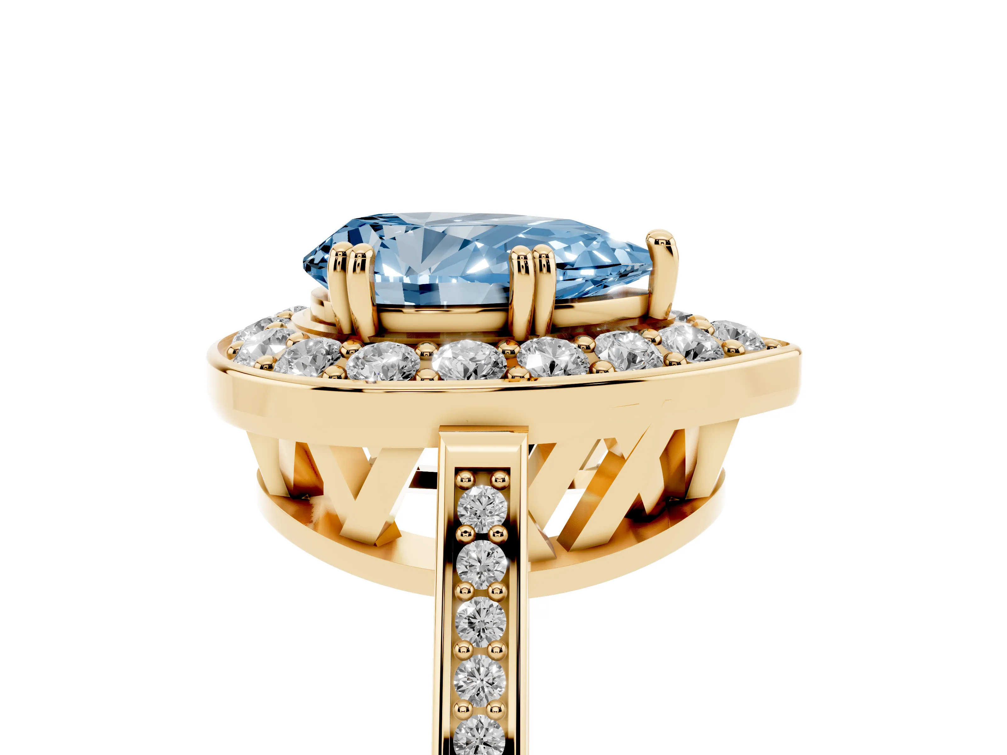 Fancy Blue Pear Cut Diamond Halo Ring Set in Yellow gold with Accent-Lined Split Shank and Prong Setting