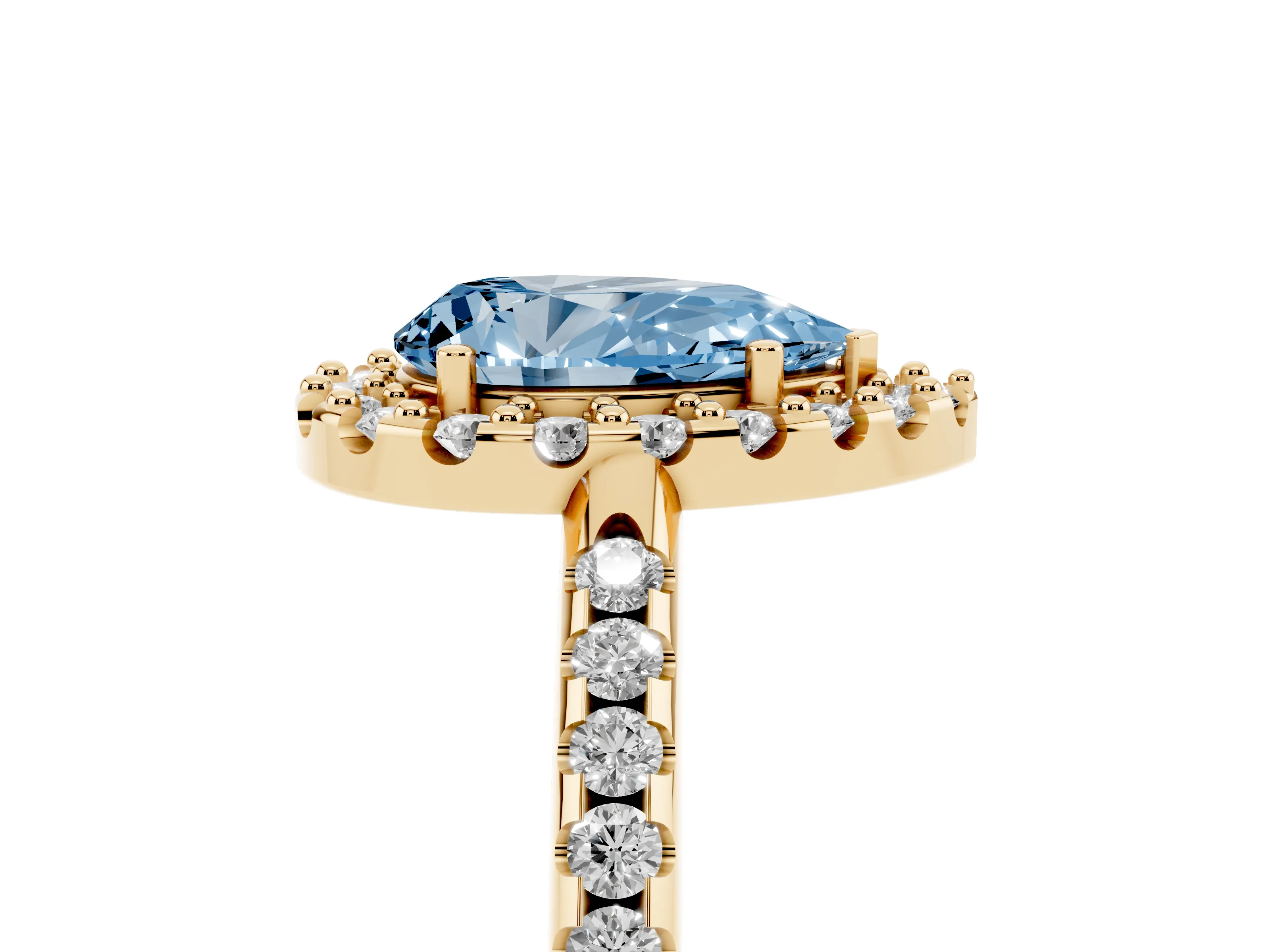 Fancy Blue Pear Cut Diamond Pavé Halo Ring Set in Yellow gold with Prong Setting