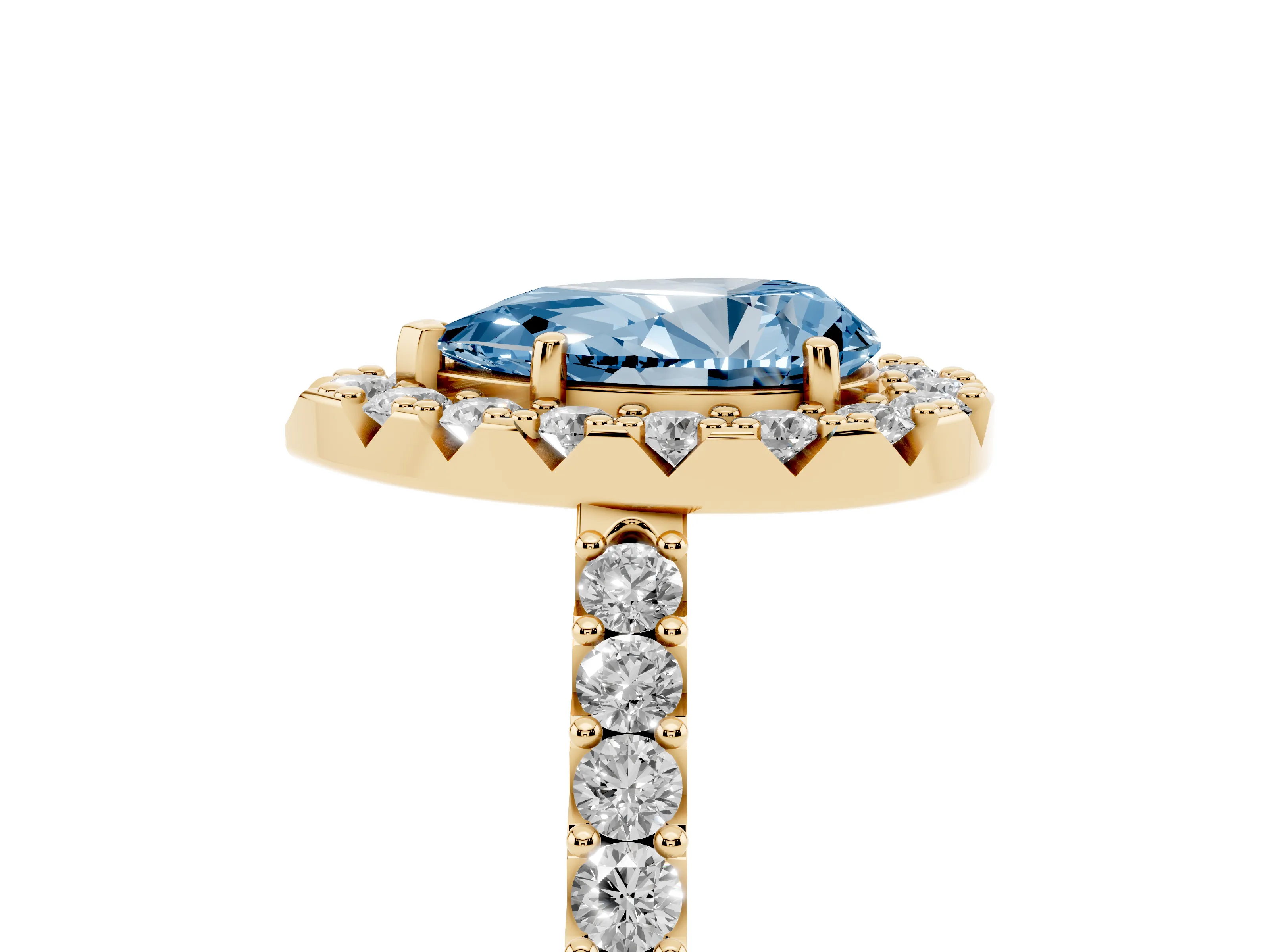 Fancy Blue Pear Cut Diamond Halo Pavé Solitaire Ring Set in Yellow gold with Prong-Set Center Stone