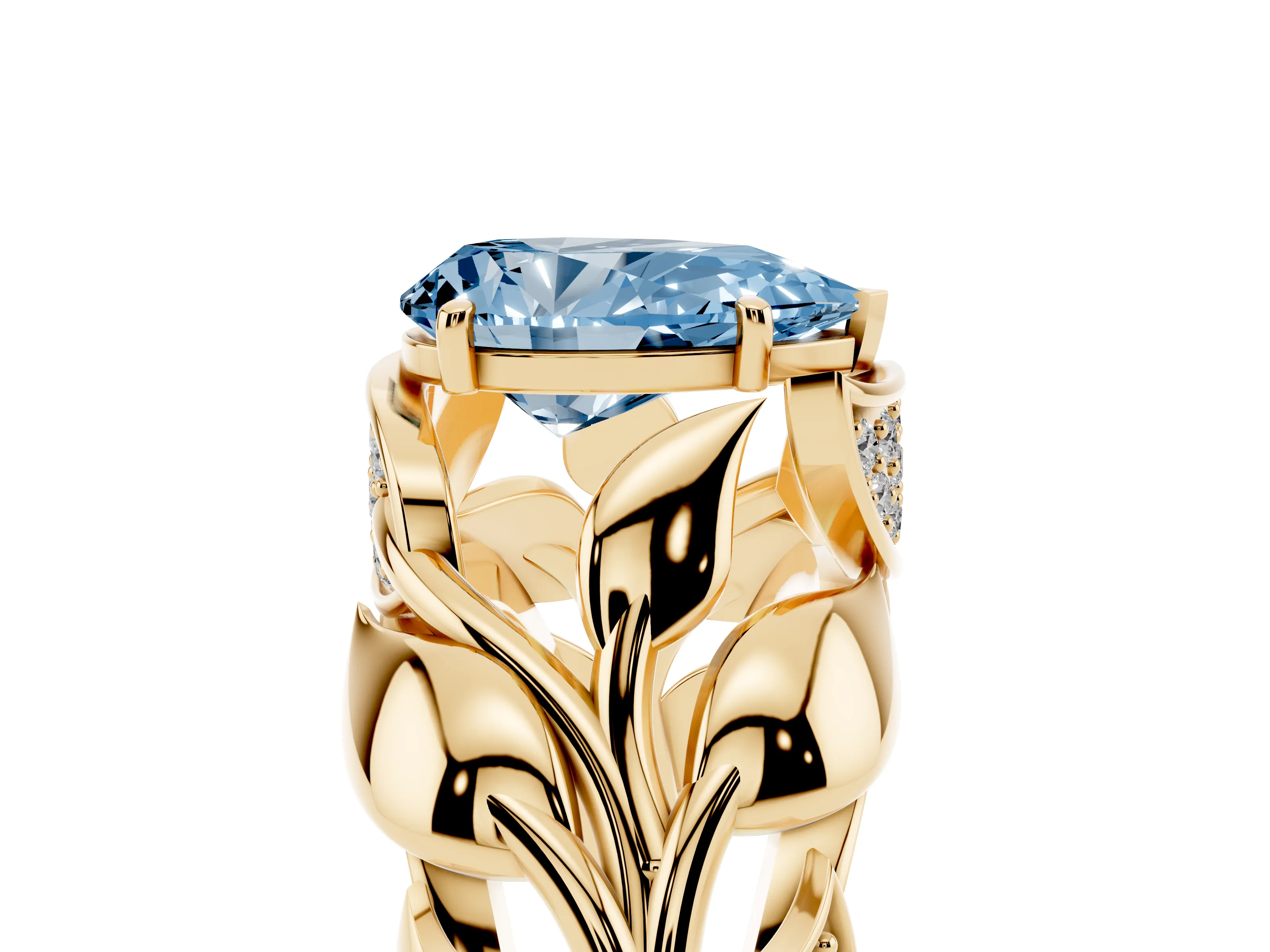 Fancy Blue Pear Cut Diamond Leaf-Inspired Engagement Ring Set in Yellow gold with Round Accents