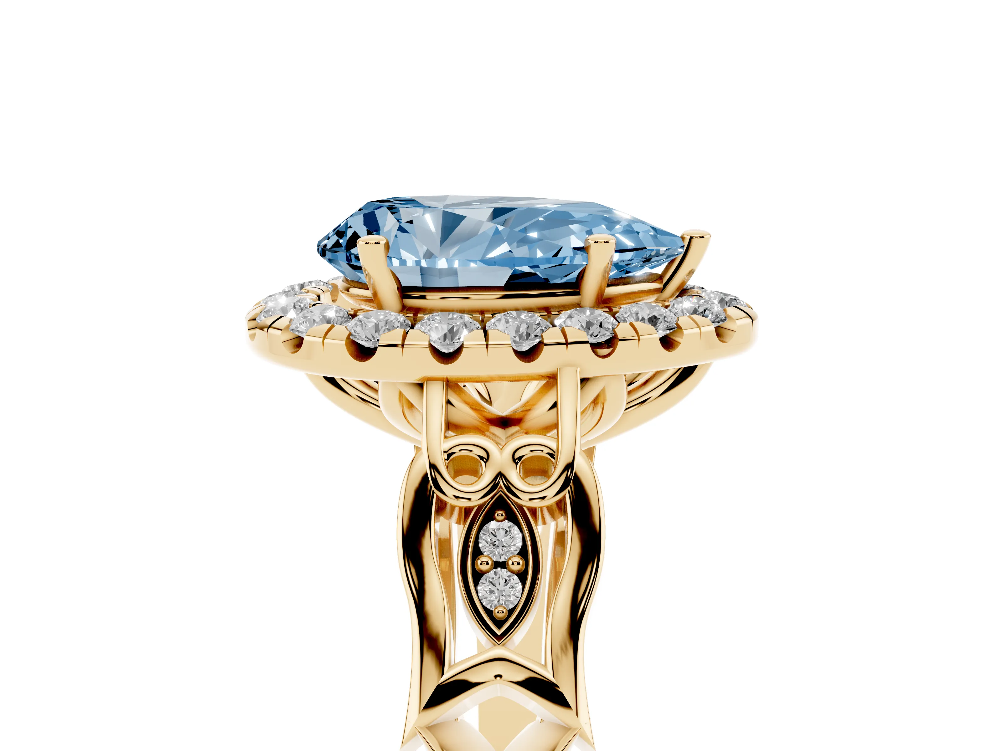 Fancy Blue Pear Cut Diamond Halo Engagement Ring Set in Yellow gold with Filigree Band and Prong-Set Center