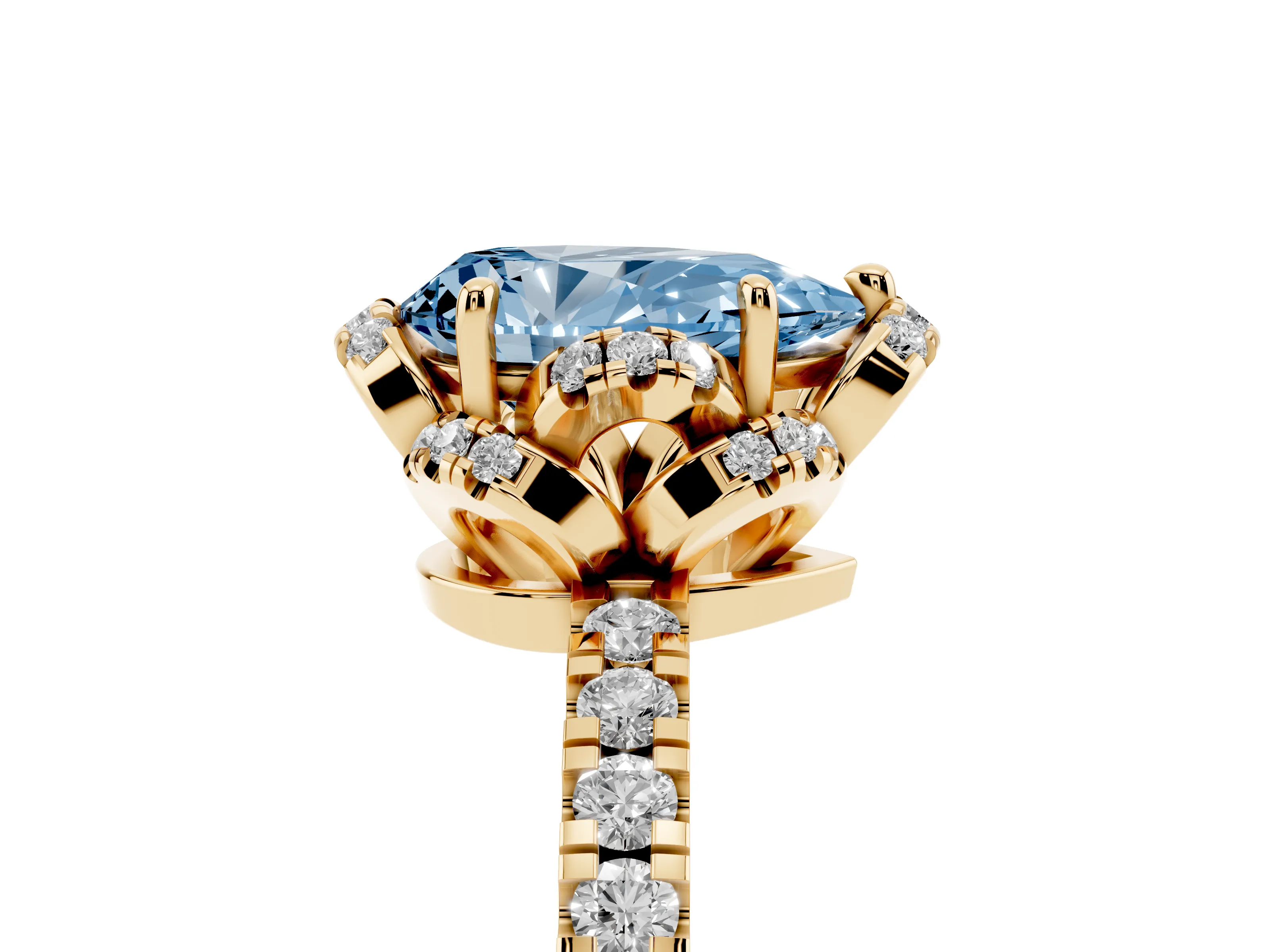 Fancy Blue Pear Cut Diamond Halo Pavé Band Ring Set in Yellow gold with Prong-Held Center