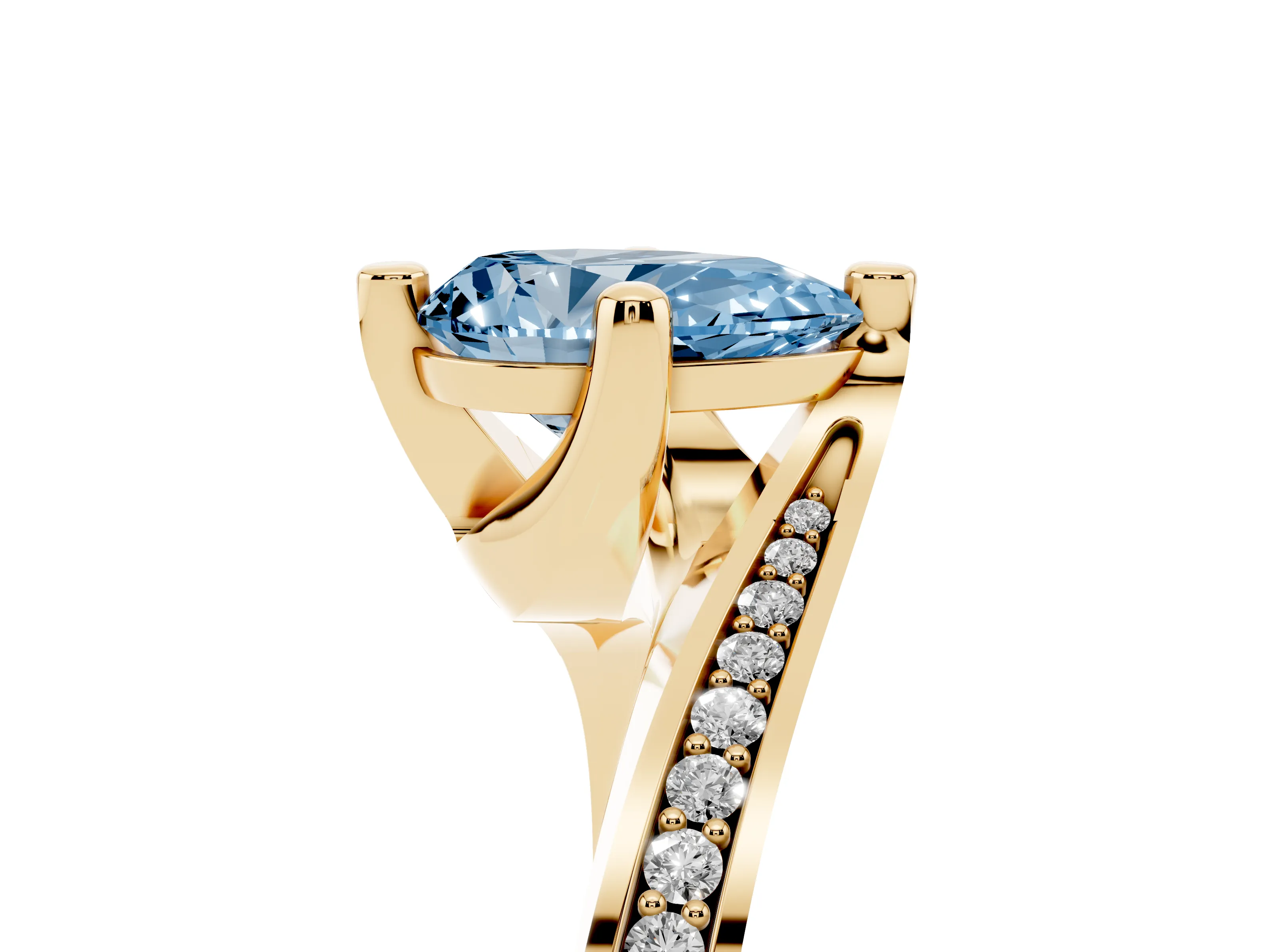 Fancy Blue Pear Cut Diamond Solitaire Ring Set in Yellow gold with Intertwined Pavé Twist Band