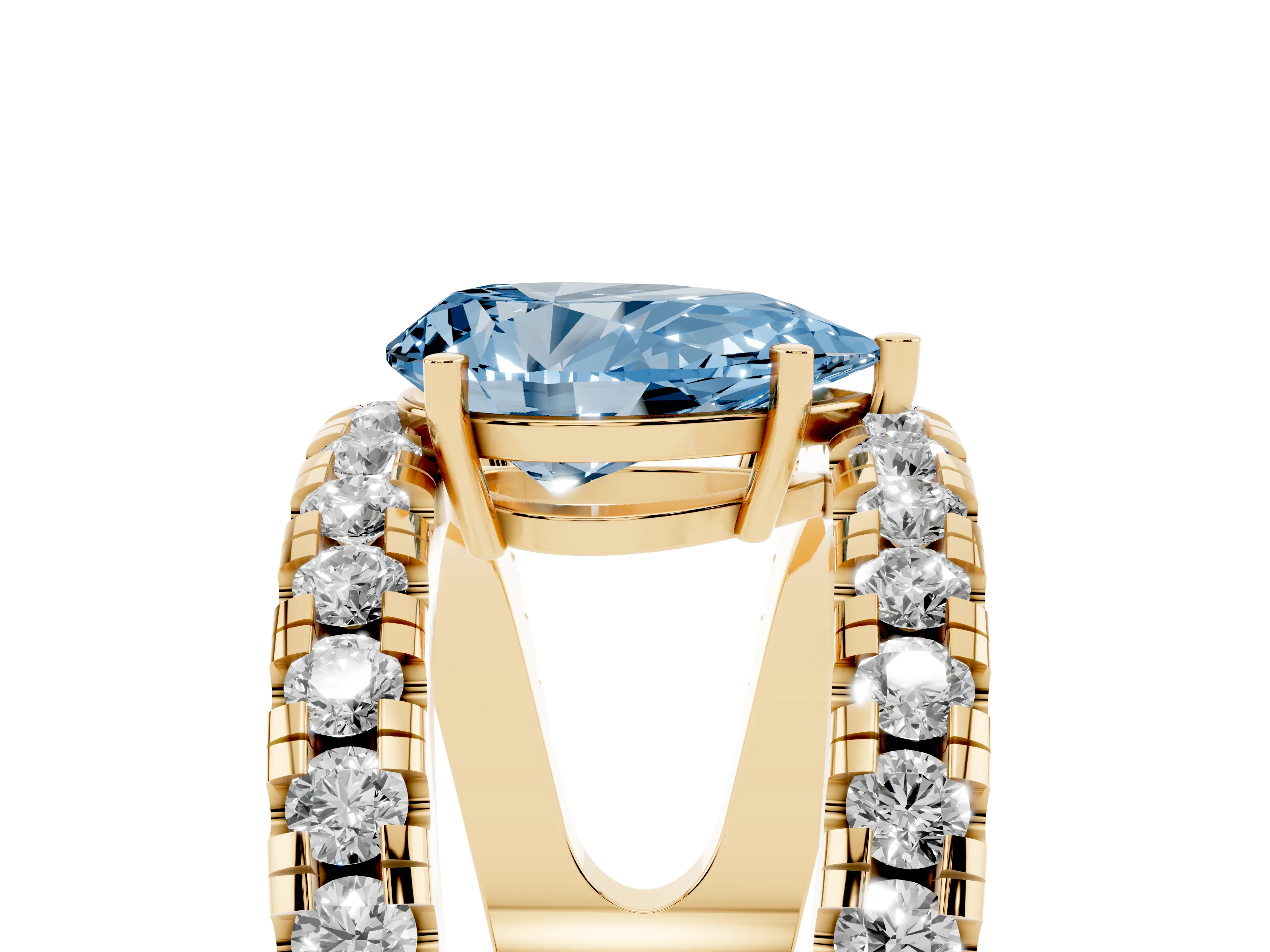 Fancy Blue Pear Cut Diamond Split Shank Pavé Solitaire Ring Set in Yellow gold with Open Shank Design