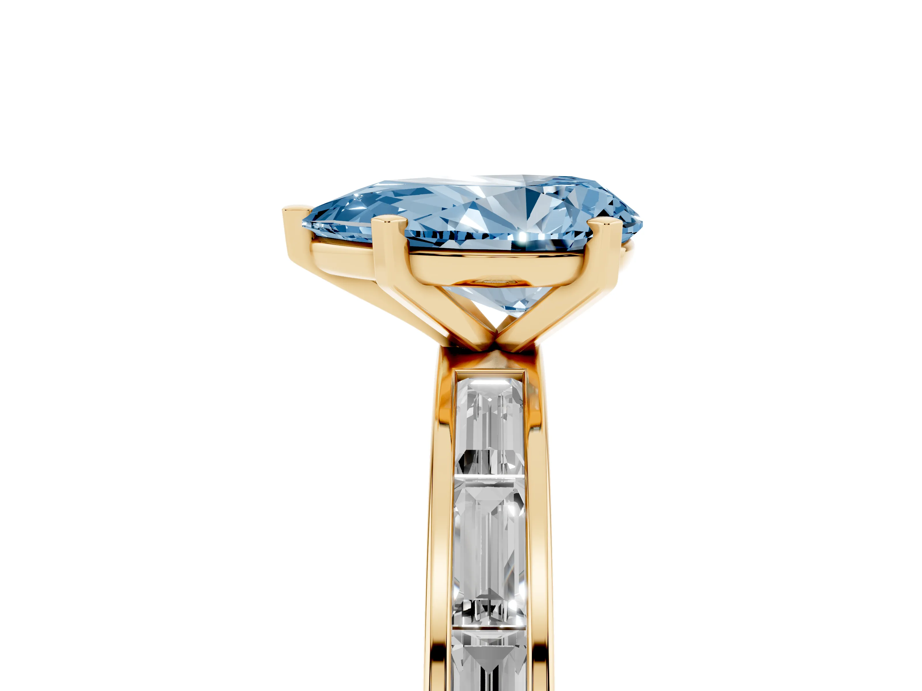 Fancy Blue Pear Cut Diamond Solitaire Ring Set in Yellow gold with Channel-Set Baguette Band and Prong Setting