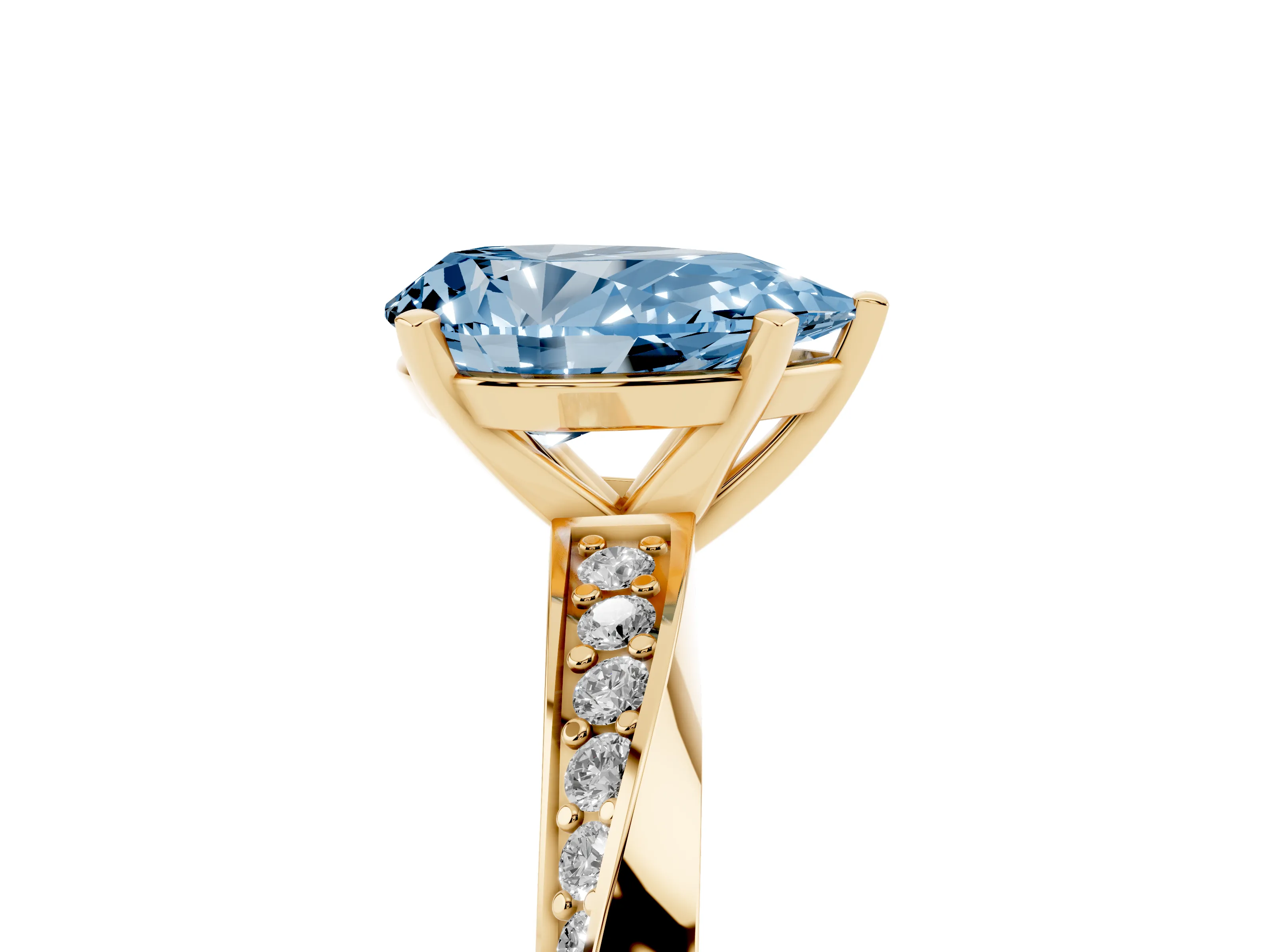 Fancy Blue Pear Cut Diamond Engagement Ring Set in Yellow gold with Side Stone Accents and Prong Setting