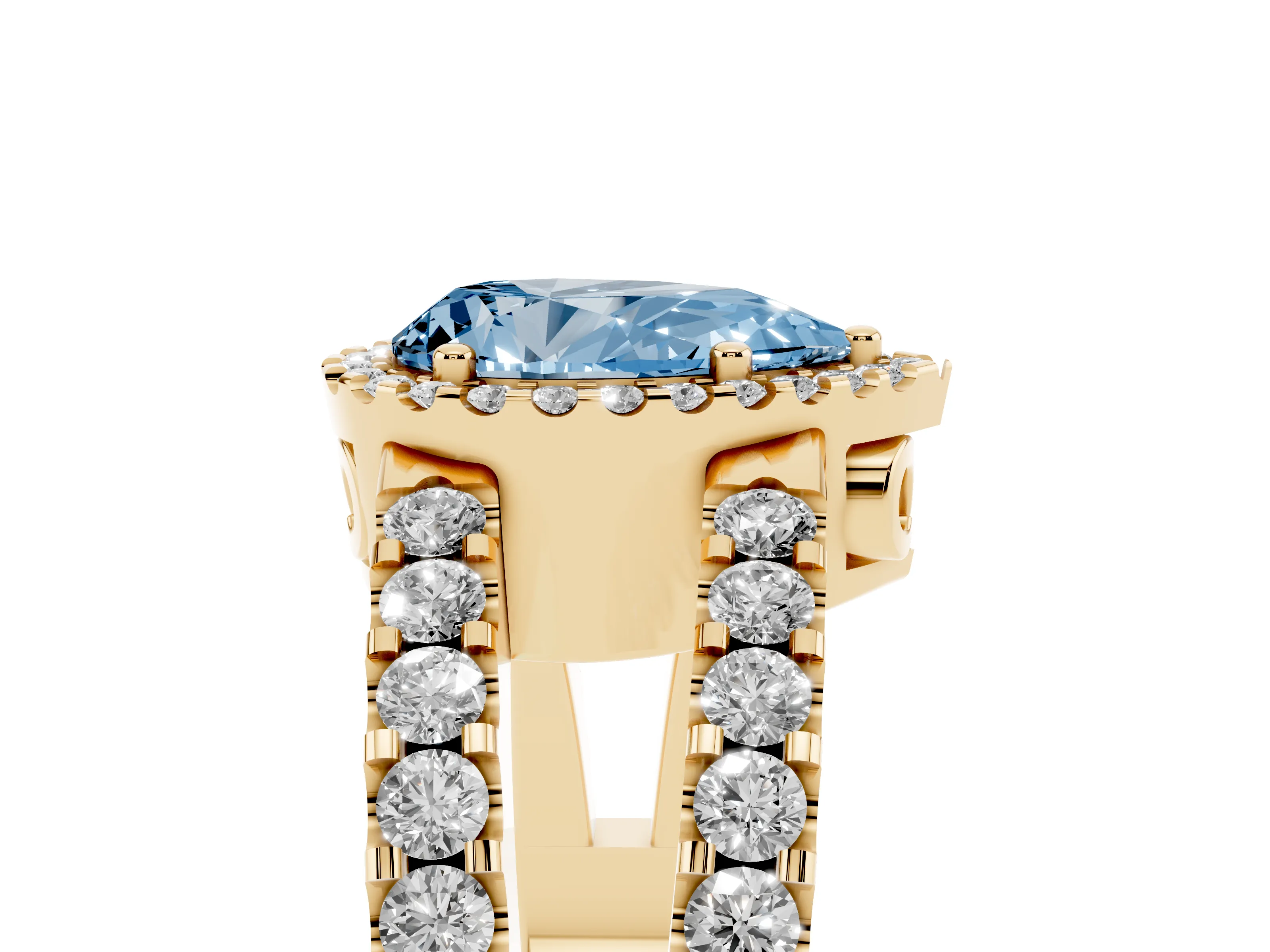 Fancy Blue Pear Cut Diamond Halo Ring Set in Yellow gold with Pavé Split Shank and Prong Setting
