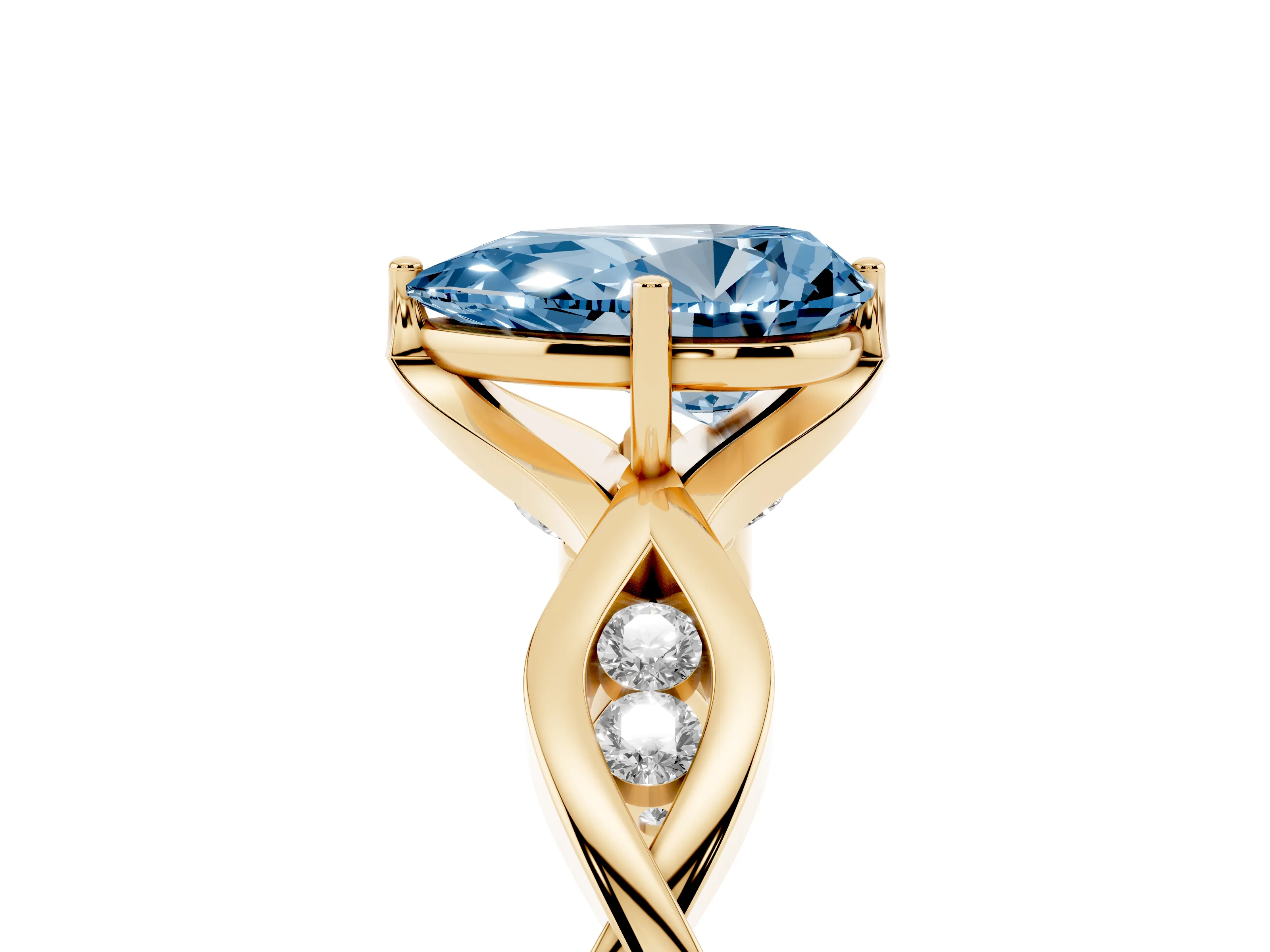 Fancy Blue Pear Cut Diamond Twist Band Solitaire Ring Set in Yellow gold with Leaf Prong Setting and Accent Stones